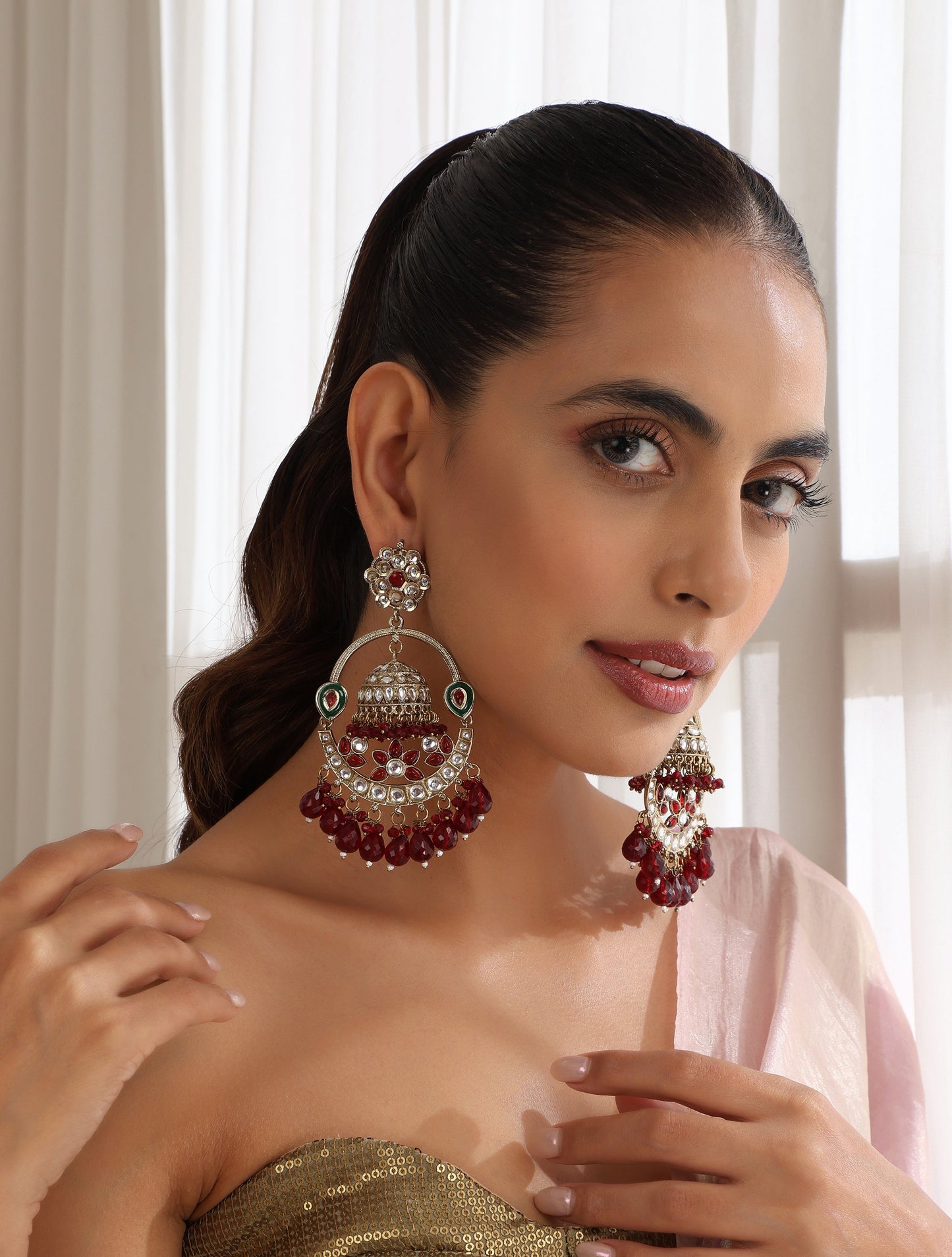 Dhiyona ST Maroon Color Round Kundan Jhumka Earrings