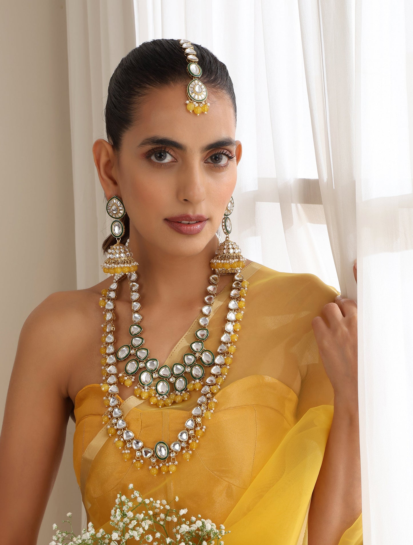 Dhiyona ST Yellow Color Kundan Long Necklace, Earring and Maang Teeka Set