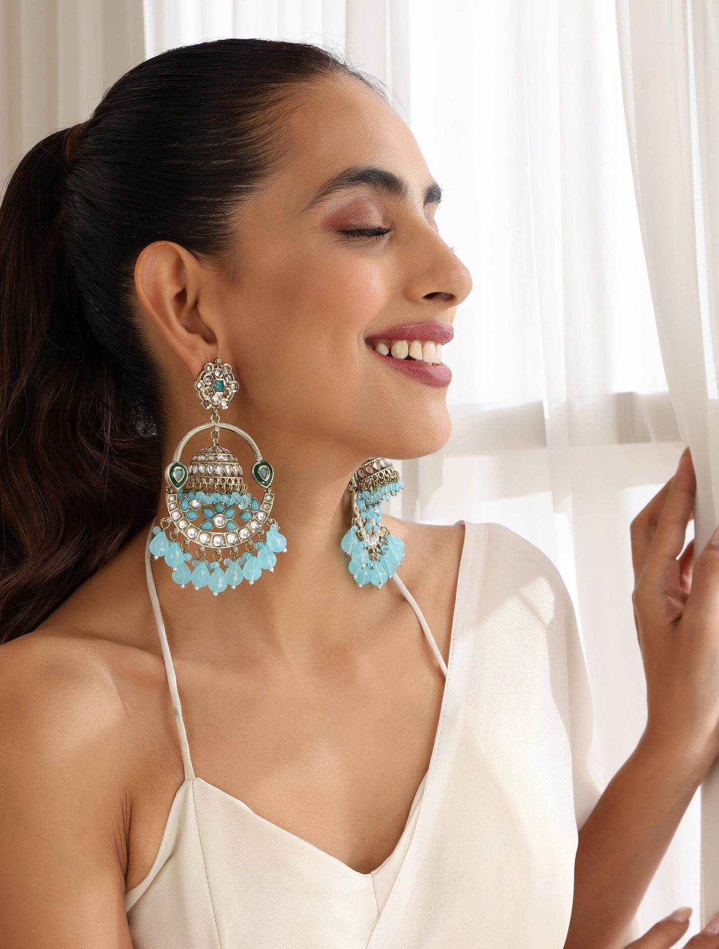 Dhiyona ST Sky Blue Color Round Kundan Jhumka Earrings