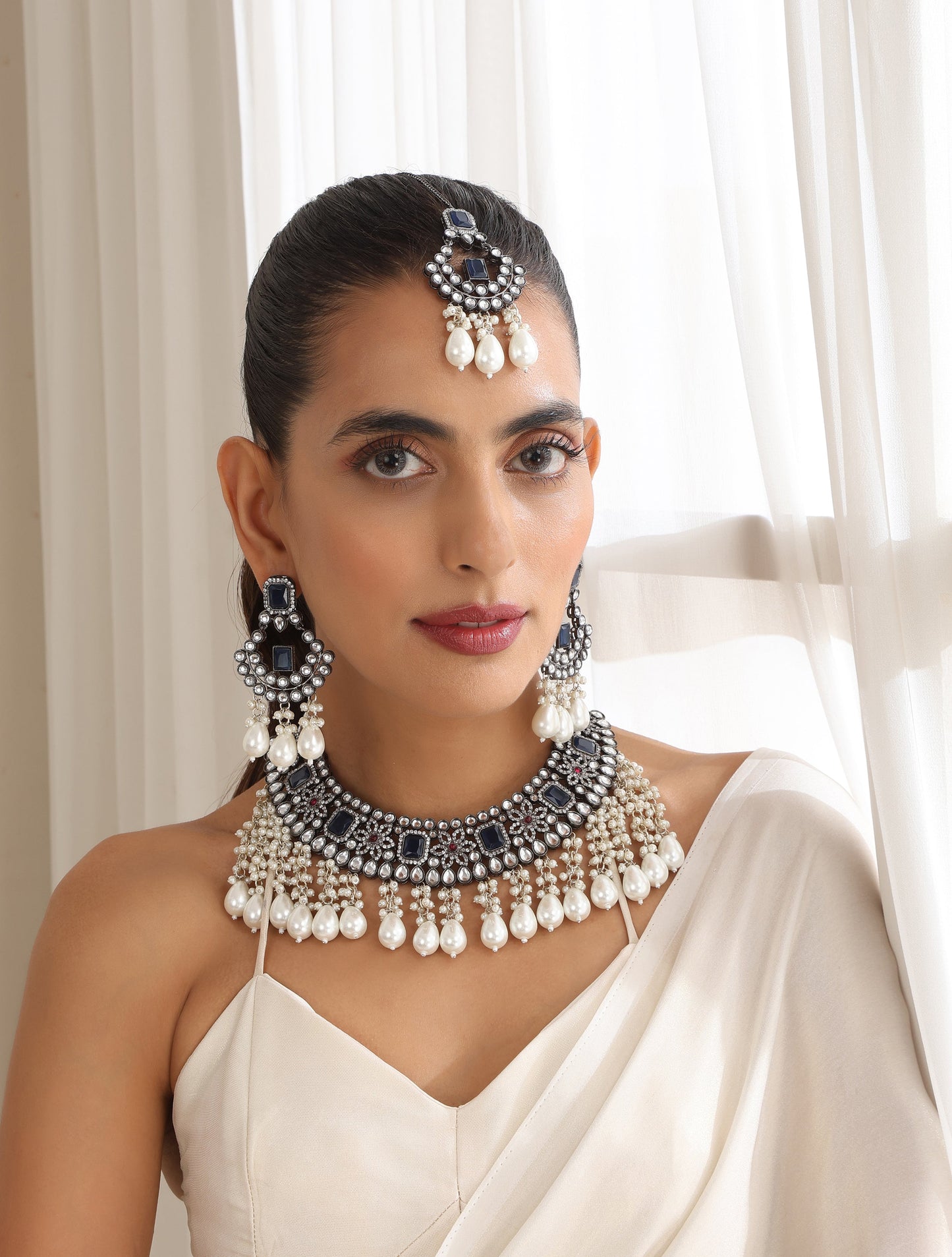 Dhiyona ST Blue Pearl Drop American Diamond Necklace, Earring and Maang Teeka Set