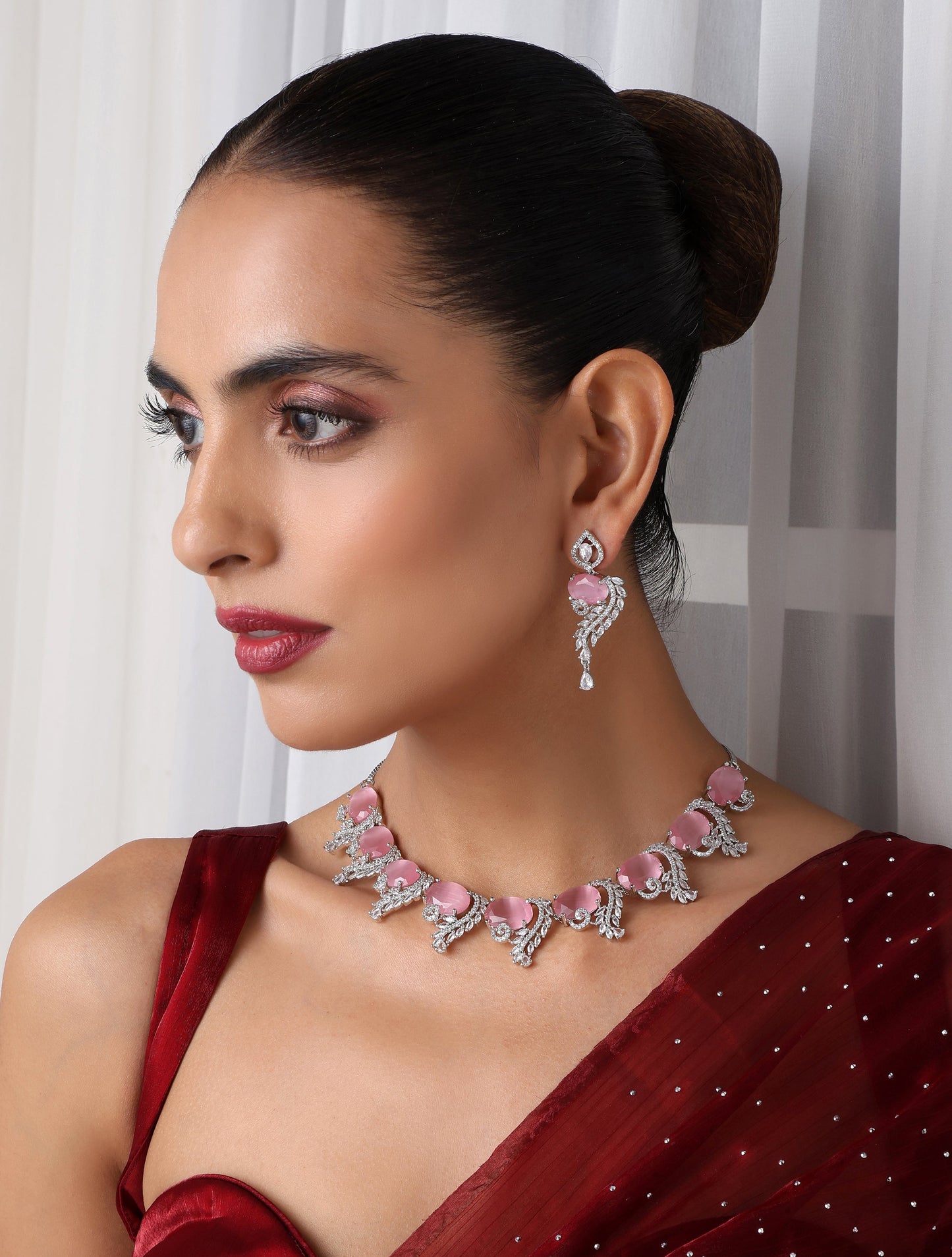 Dhiyona ST Luxury Pink Color American Diamond Premium Necklace & Earring Set