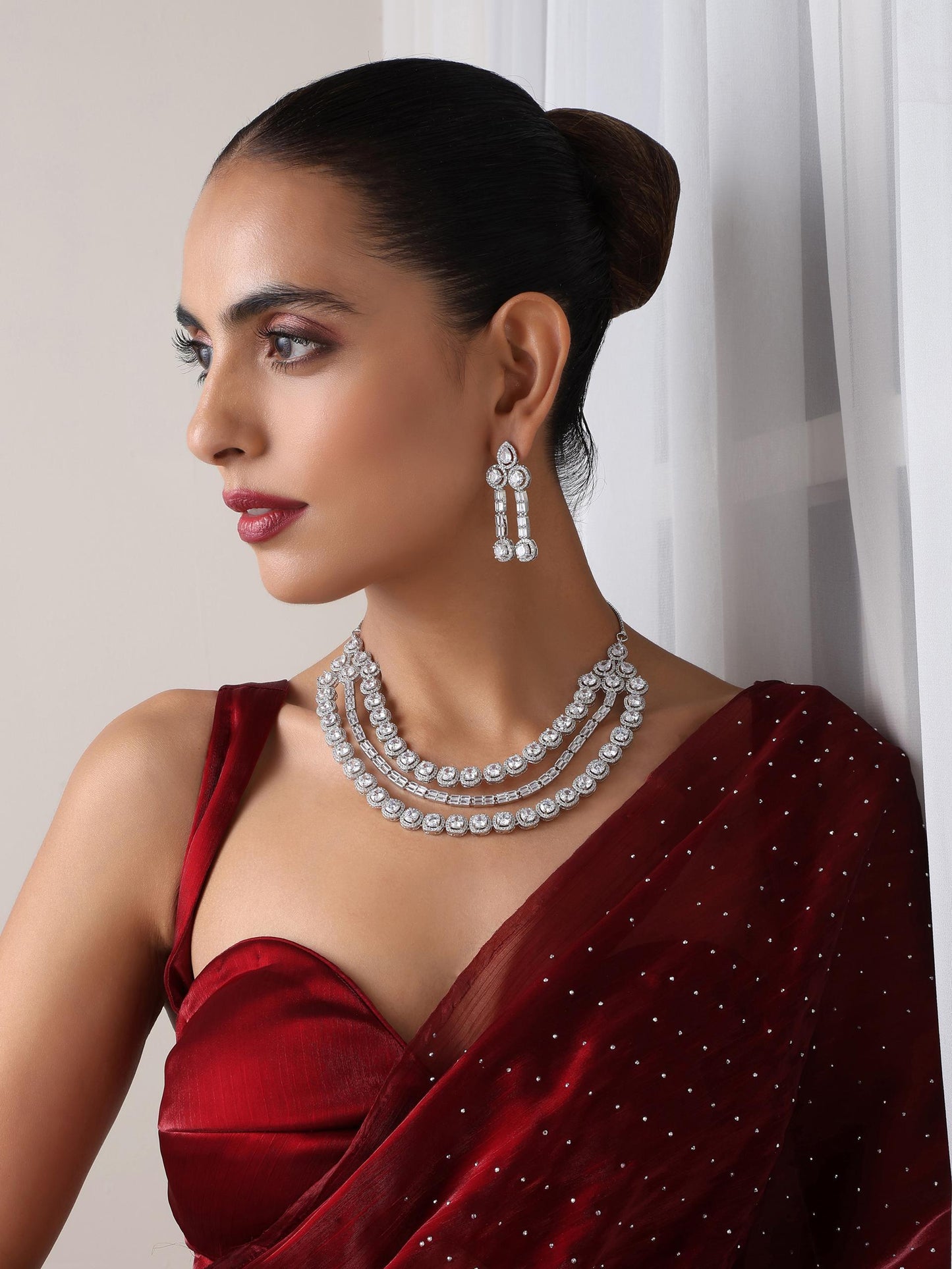 Dhiyona ST 3 Line White Diamond String Necklace and Earring Set
