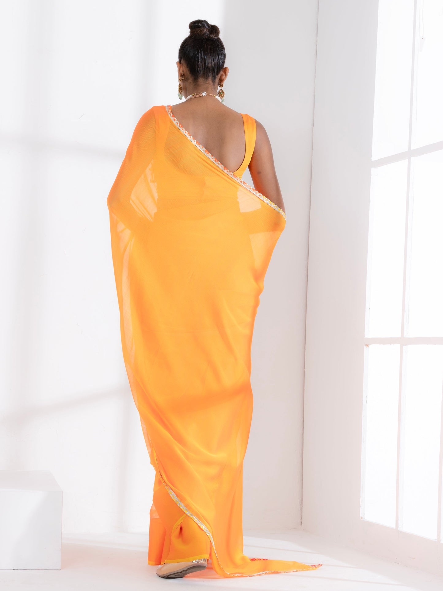 Dhiyona ST Lady Danger Orange Yellow Dual Shade Chiffon Saree with Lace and Self-Blouse Fabric