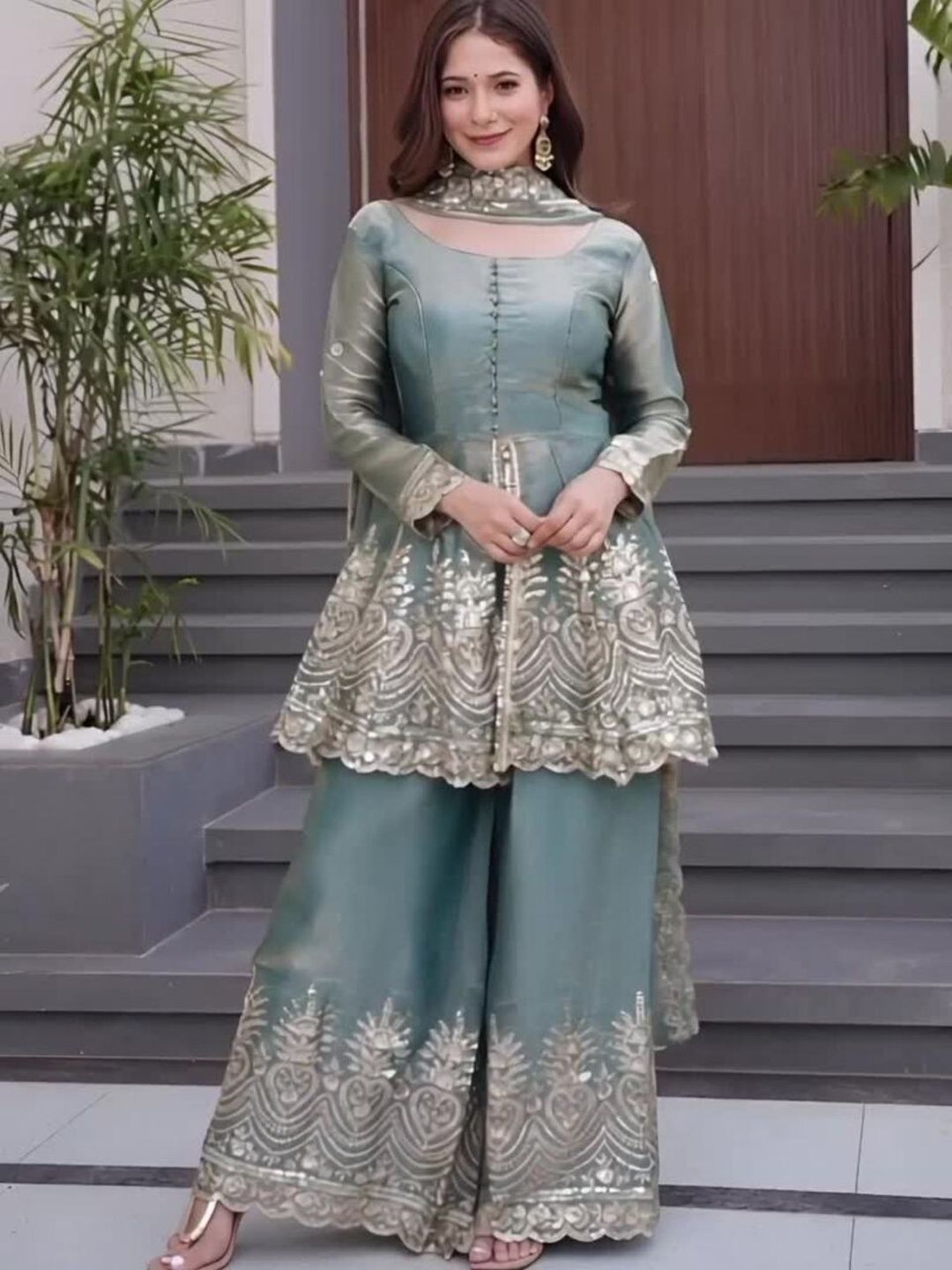 Dhiyona KL Women Ethnic Motifs Embroidered Empire Sequinned Kurta with Palazzos & With Dupatta