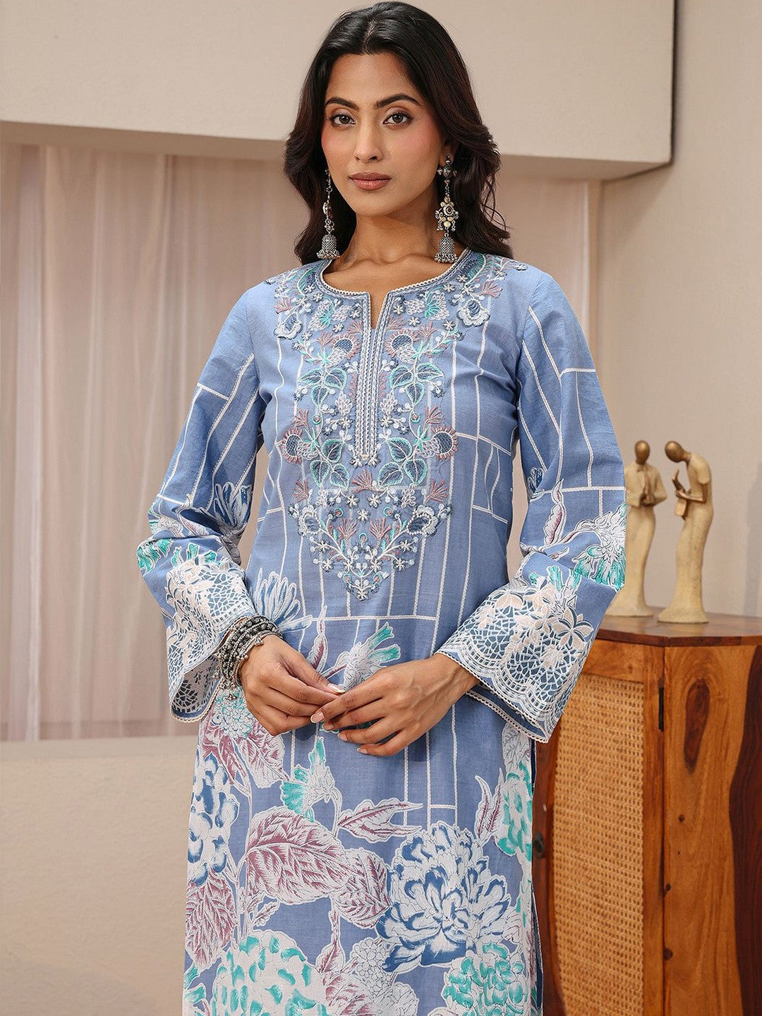 Blue Floral Printed Cotton Straight Suit Set