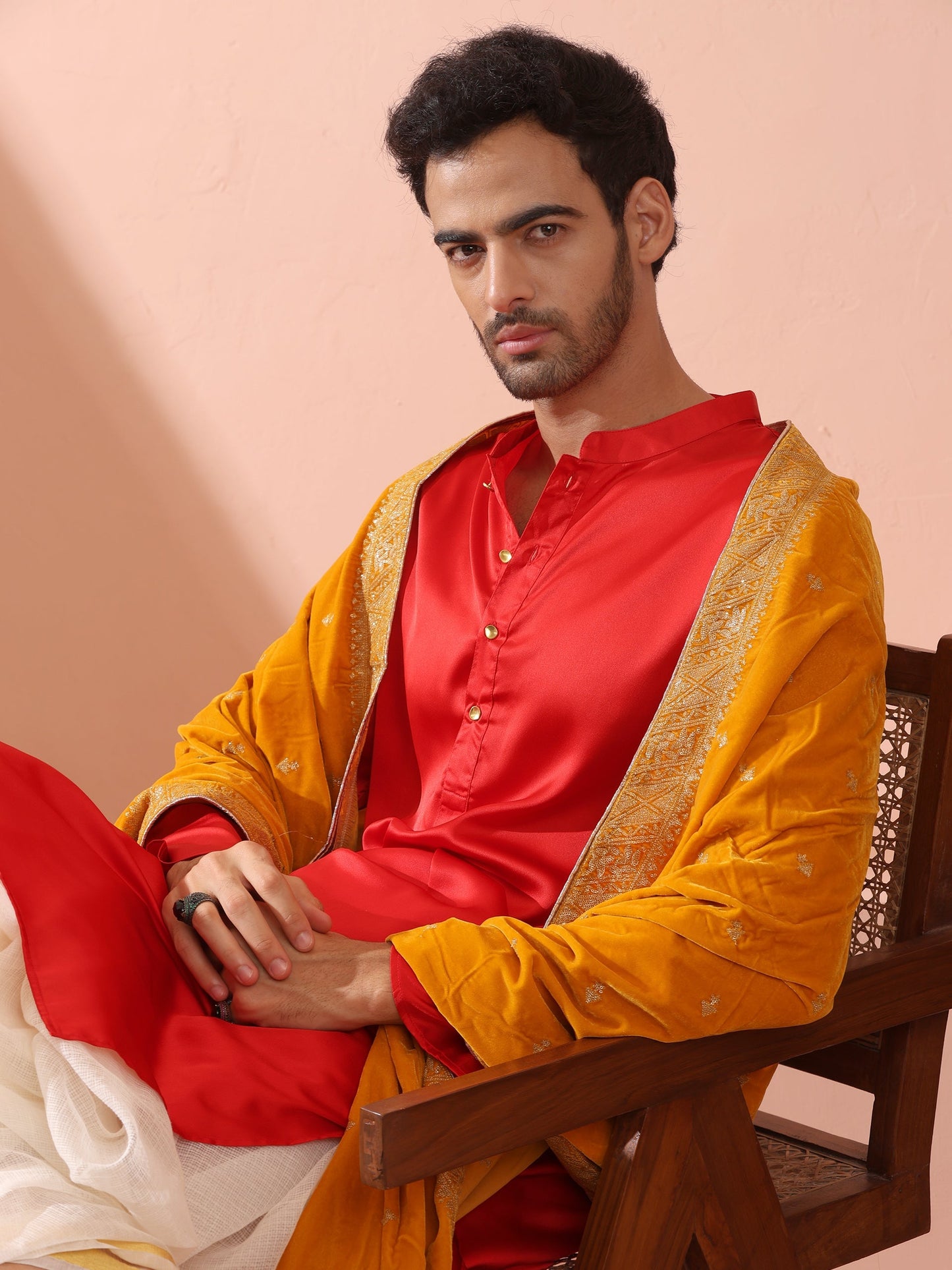Dhiyona ST Creed Red Satin Kurta with Gold Buttons