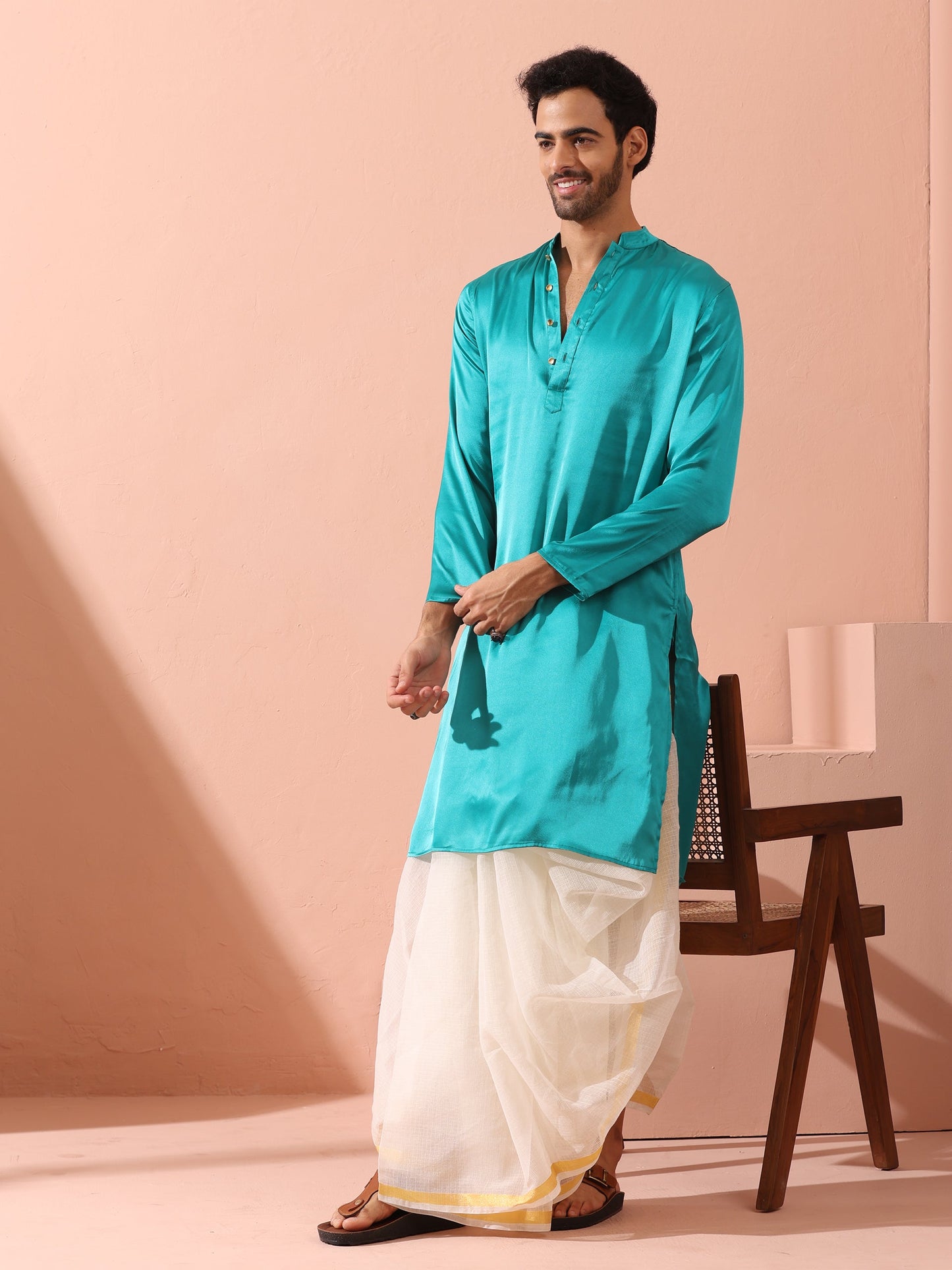 Dhiyona ST Splash Blue Satin Kurta with Gold Buttons