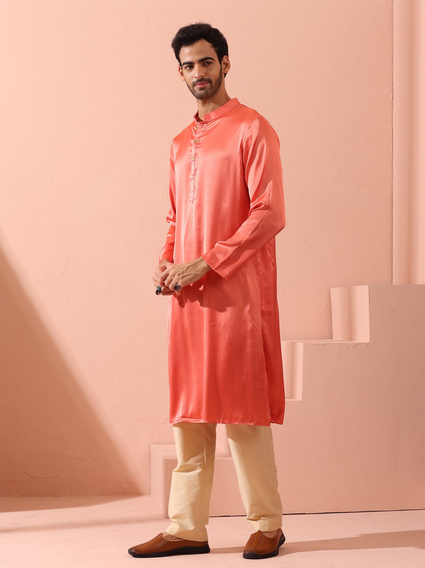 Dhiyona ST Rose Orange Satin Kurta with Gold Buttons