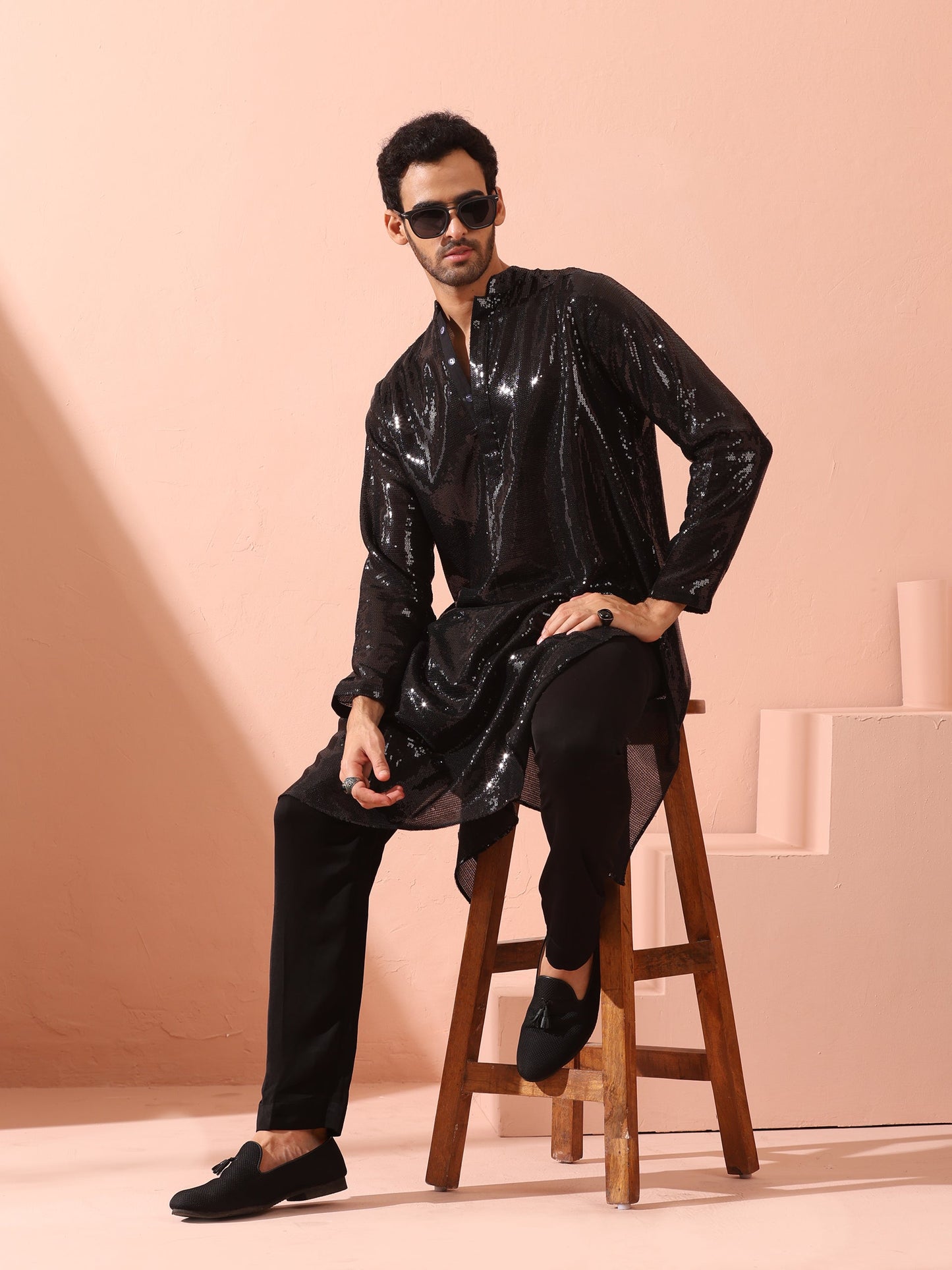 Dhiyona ST Debonair Black Sequin Kurta with Hidden Placket