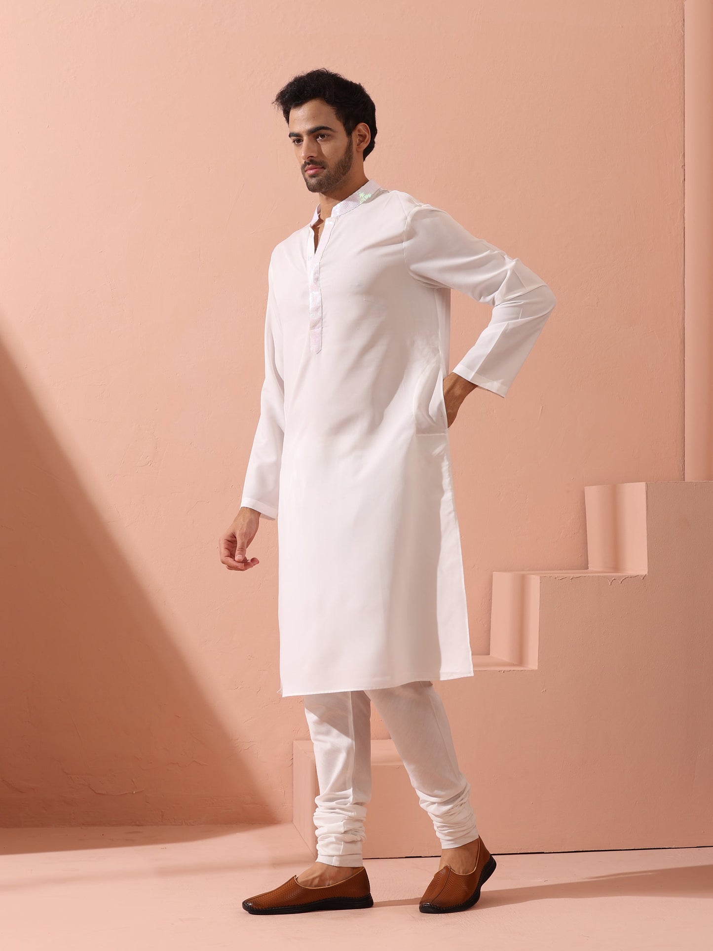 Dhiyona ST Dandy White Irridecent Sequin Crepe Kurta with Hidden Placket