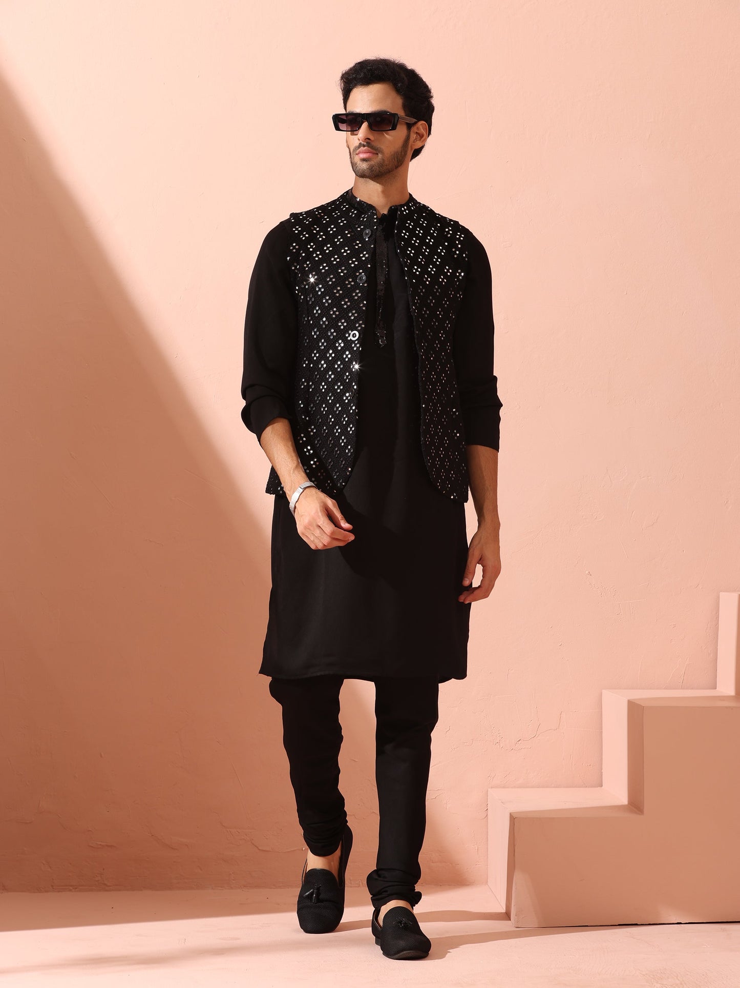 Dhiyona ST Tuxedo Black Korean Fabric with Sequin Placket Kurta