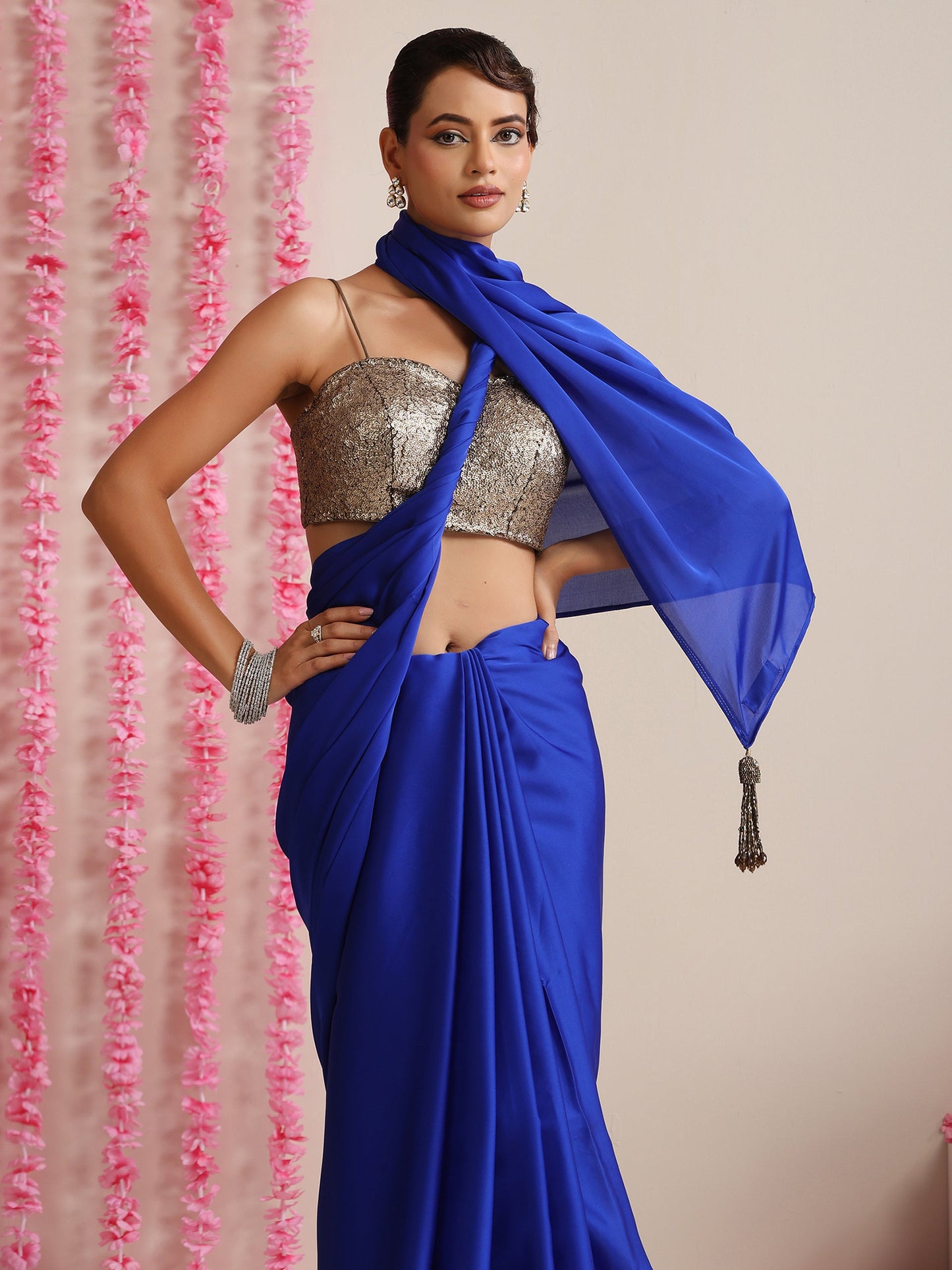 Dhiyona ST Electric Blue Solid chiffon Saree with Tassels & Matching Blouse Fabric