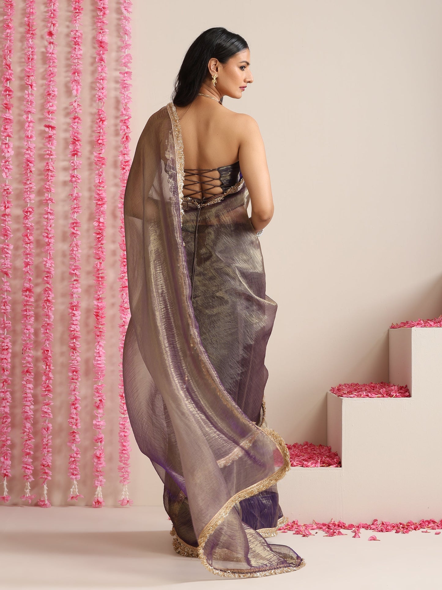 Dhiyona ST Purple Magic Saree – Metallic Chiffon with Lace Edge & Matching Blouse Fabric