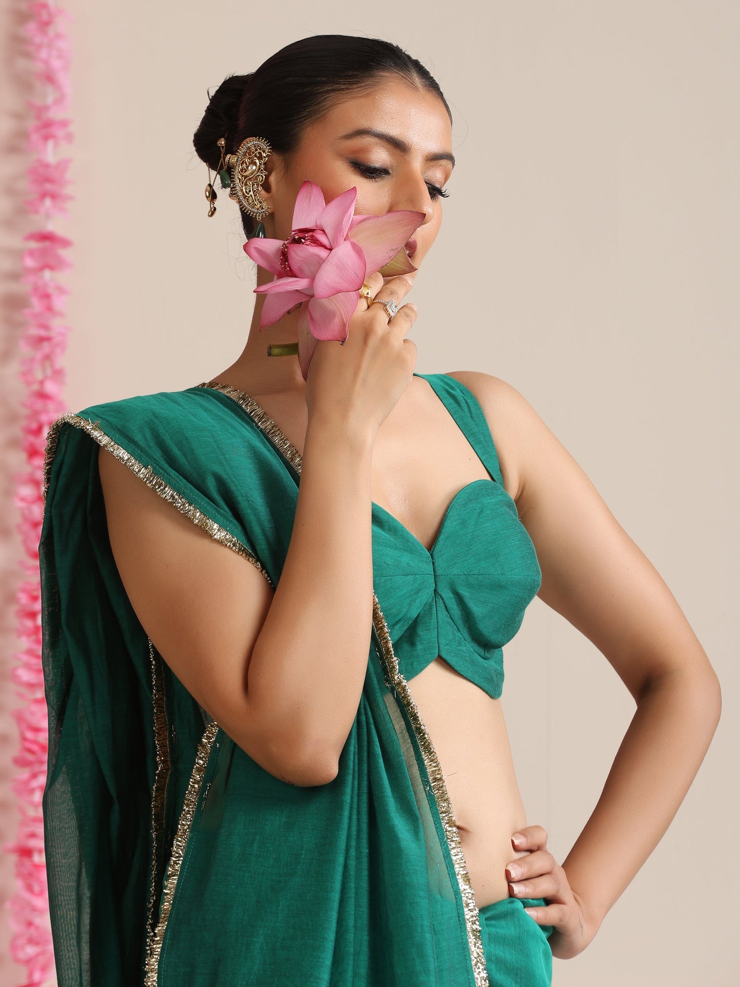 Dhiyona ST Green Cotton Chanderi Saree with Gold Border and Self Blouse Fabric