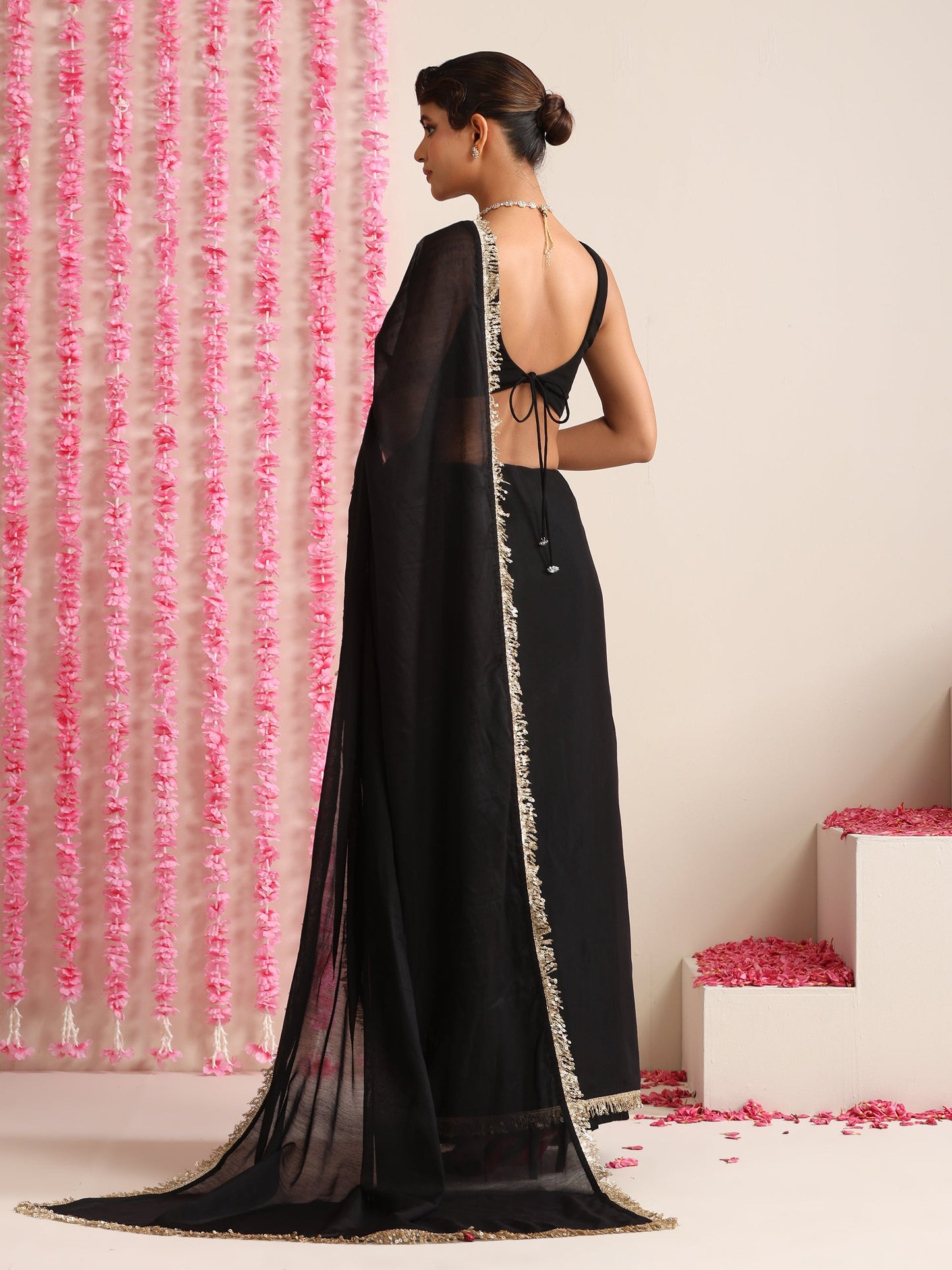 Dhiyona ST Black Cotton Chanderi Saree with Gold Border and Self Blouse Fabric