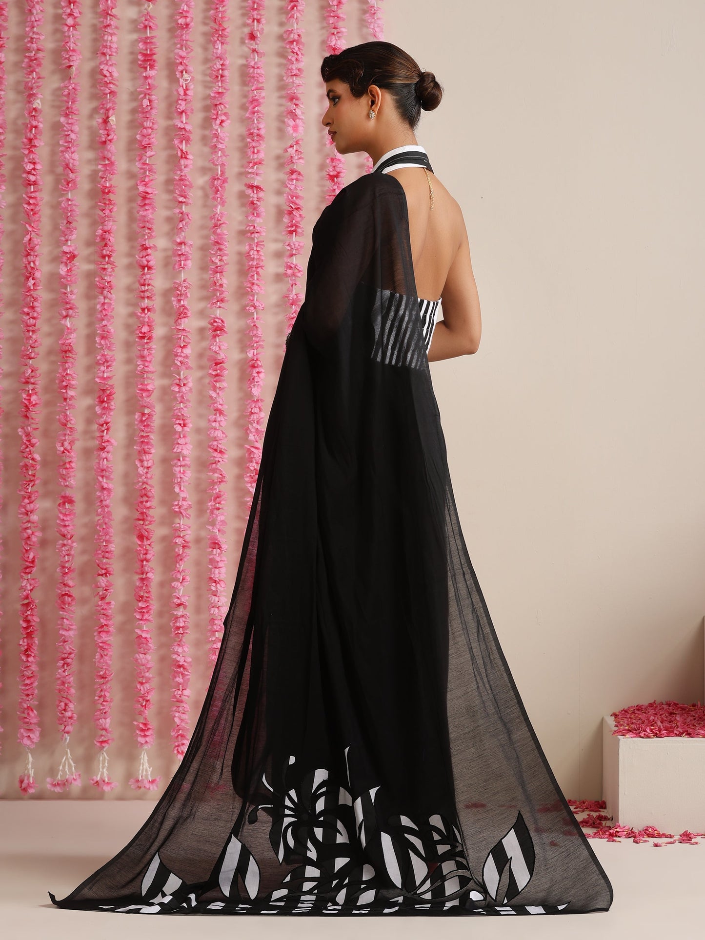 Dhiyona ST Black Cotton Chanderi Saree with Embroidery and Stripe Blouse Fabric