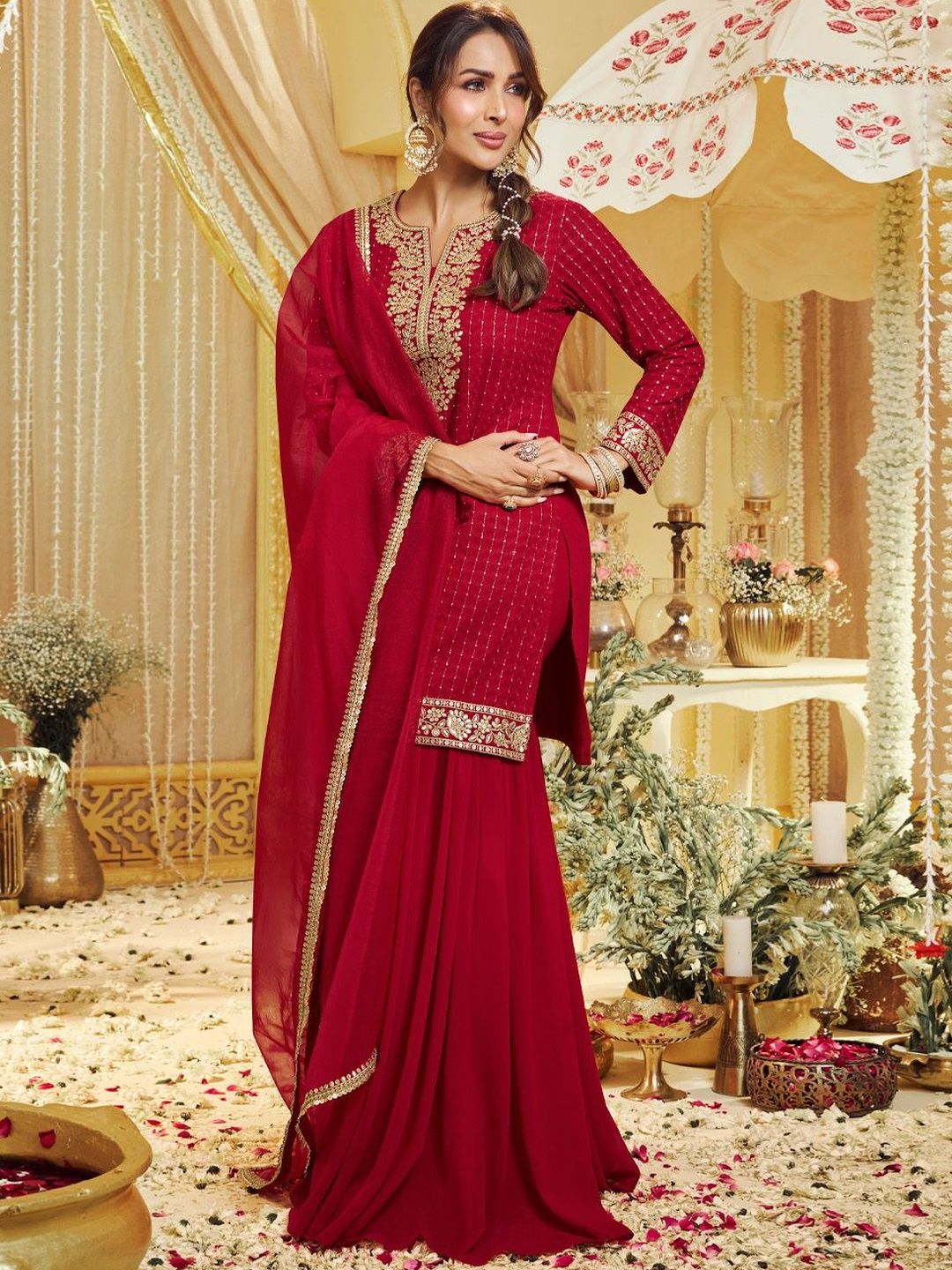 Dhiyona IN Women Ethnic Motifs Embroidered Regular Thread Work Kurta with Sharara & With Dupatta