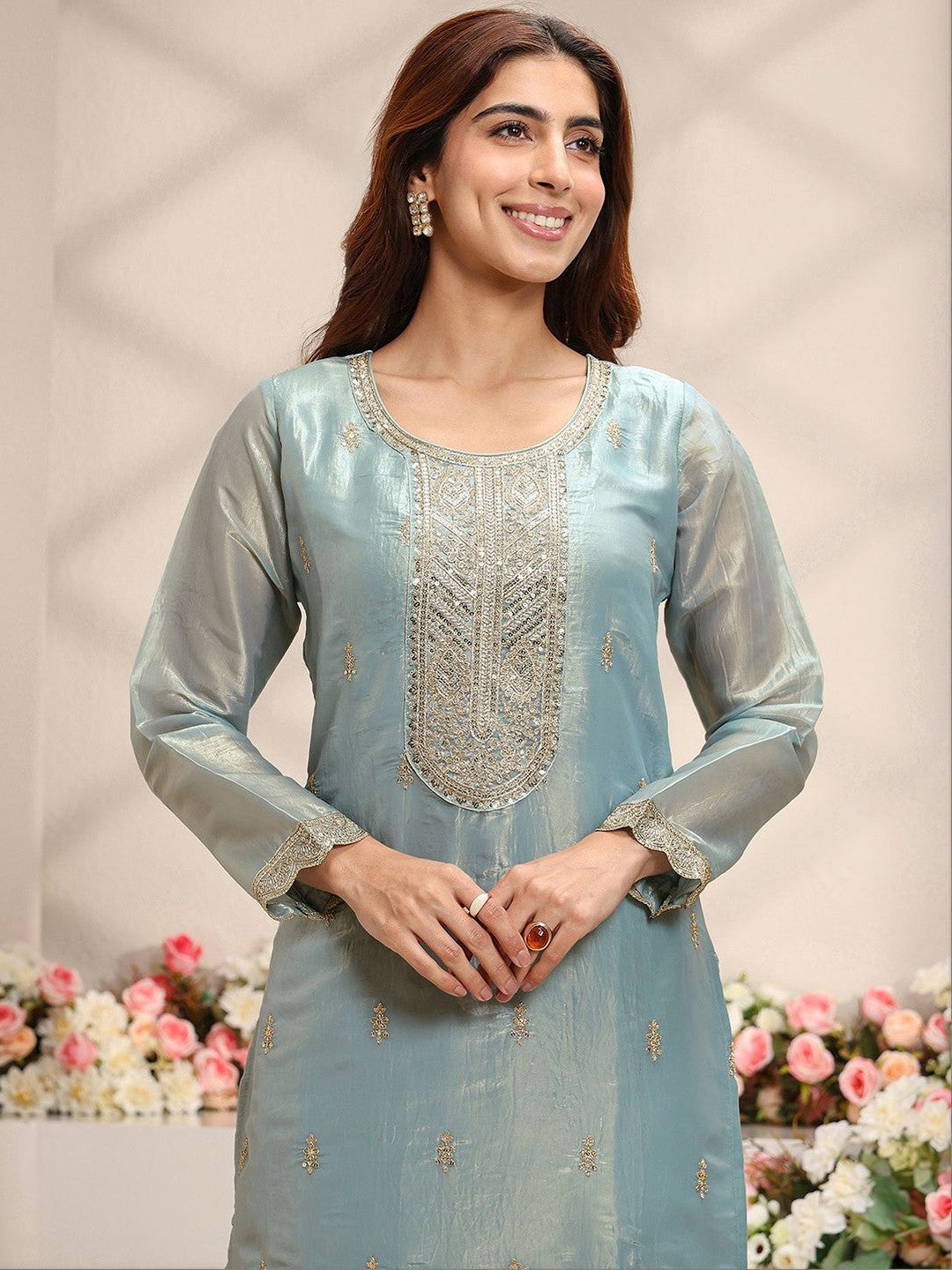 Blue Embellished Organza Straight Suit Set with Dupatta