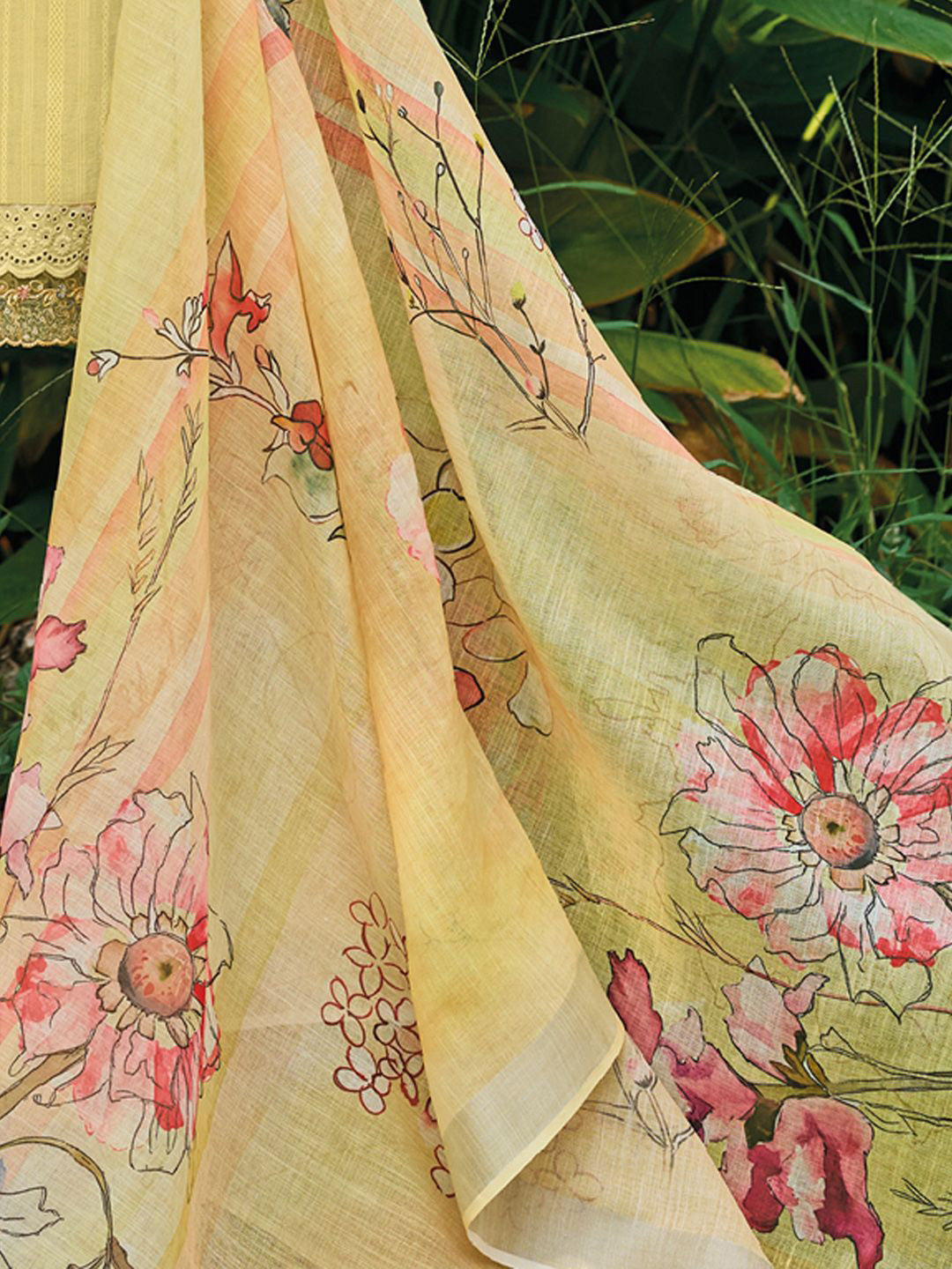 Yellow Floral Embroidered Thread Work Pure Cotton Kurta with Trouser & Dupatta