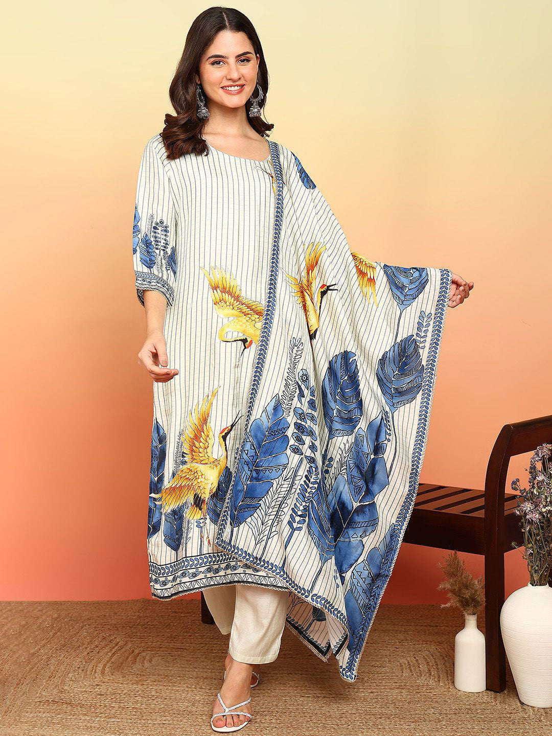 Floral Printed Thread Work Art Silk Straight Kurta With Trousers & Dupatta