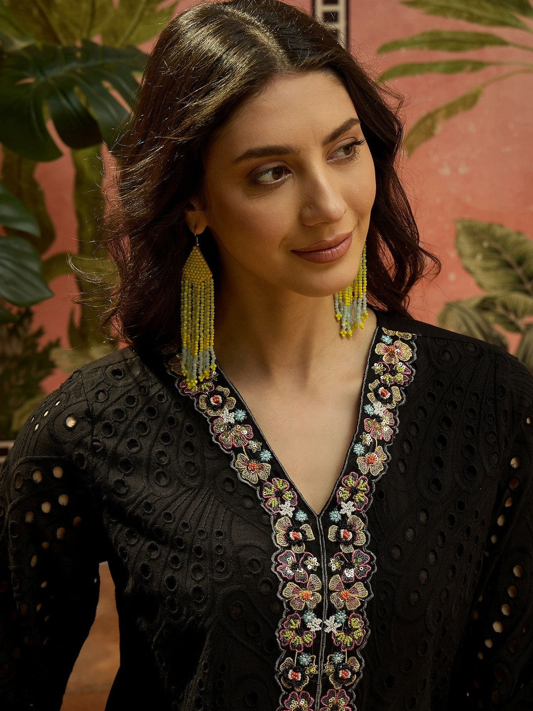 Embroidered Pure Cotton V-Neck Kurti & Trousers