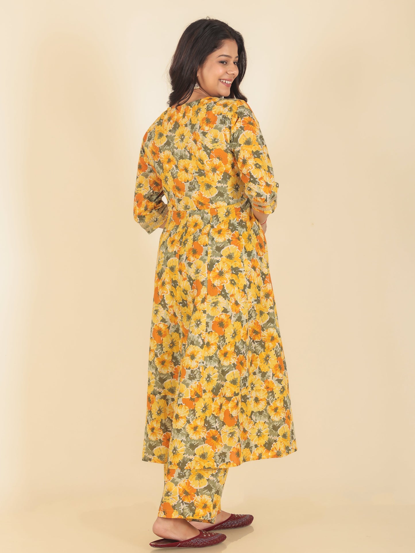 Women's Cotton Yellow Anarkali Kurta Set