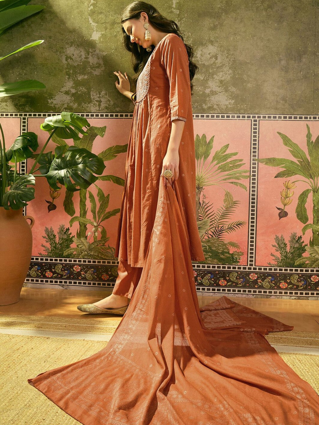 Embroidered V-Neck Kurta & Trousers with Dupatta