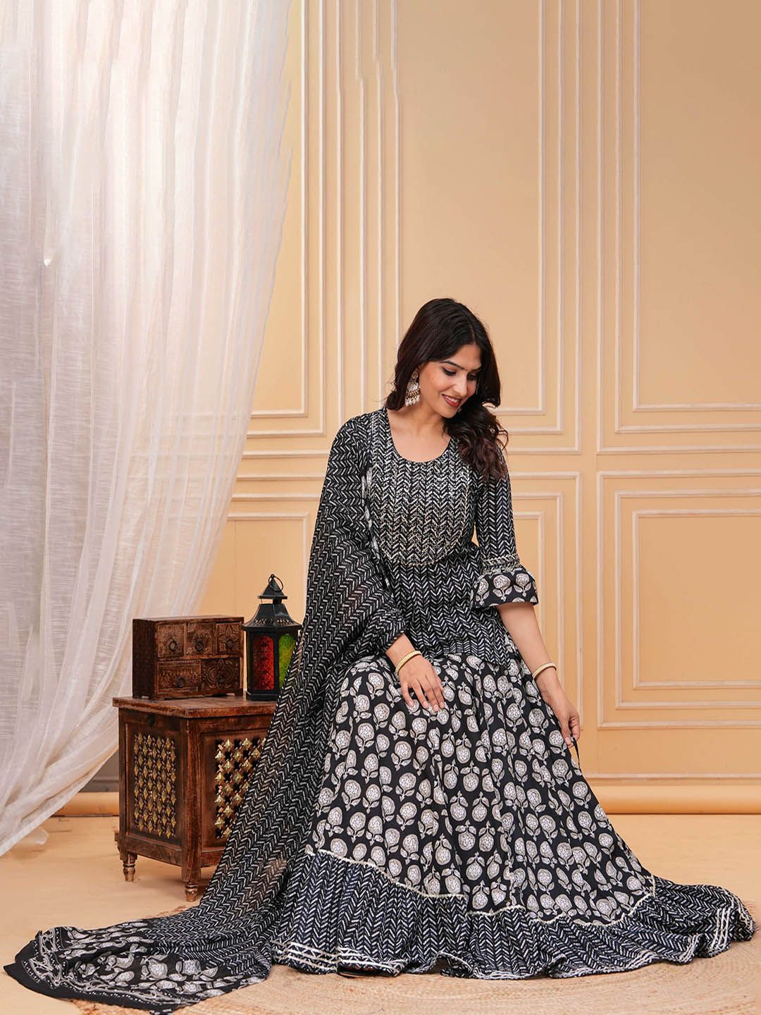 Dhiyona KL Women Ethnic Motifs Printed Cotton A-Line Kurti with Skirt & Dupatta