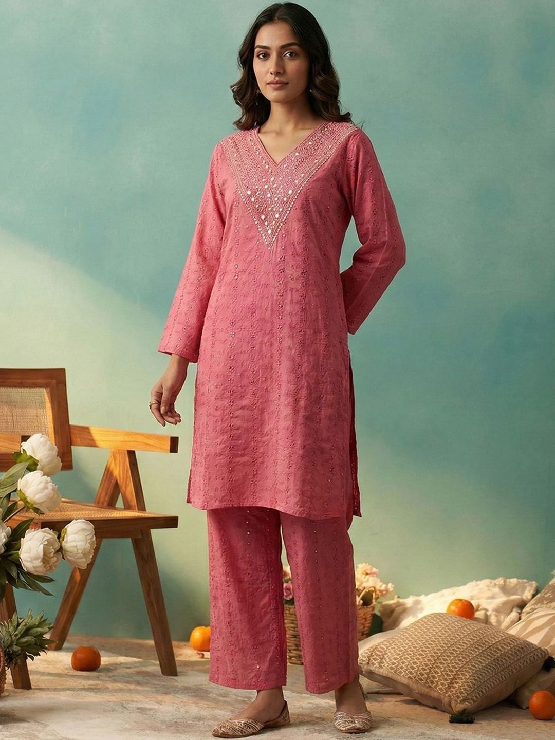 Dhiyona CH Women Ethnic Motifs Embroidered Regular Mirror Work Kurta with Trousers