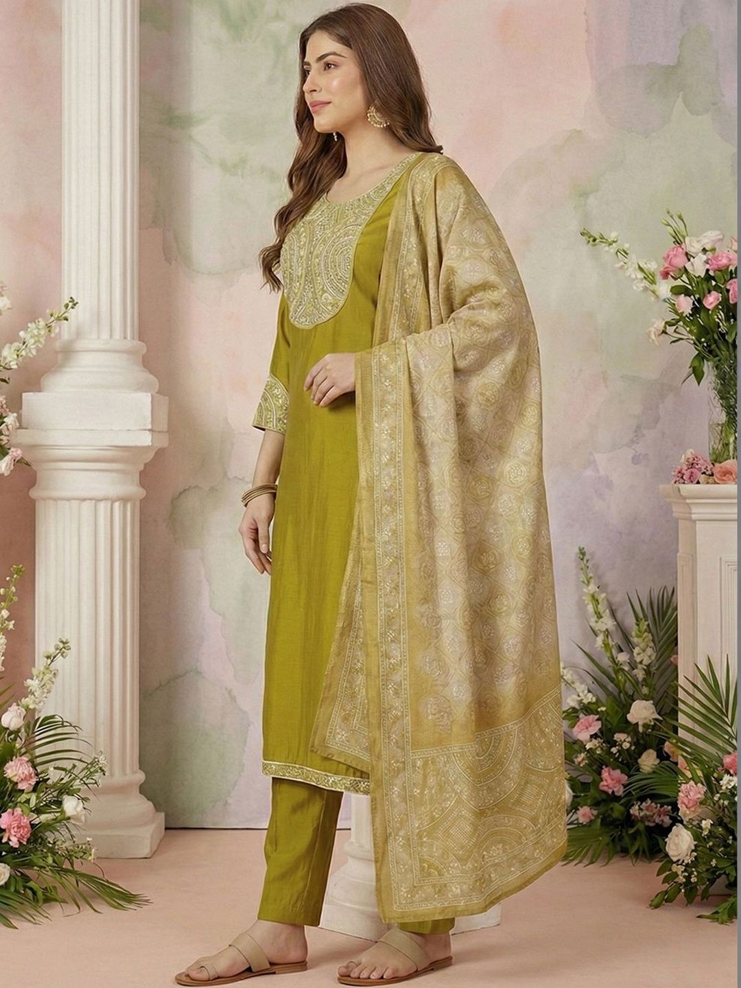 Dhiyona CH Women Ethnic Motifs Embroidered Regular Thread Work Kurta with Trousers & With Dupatta