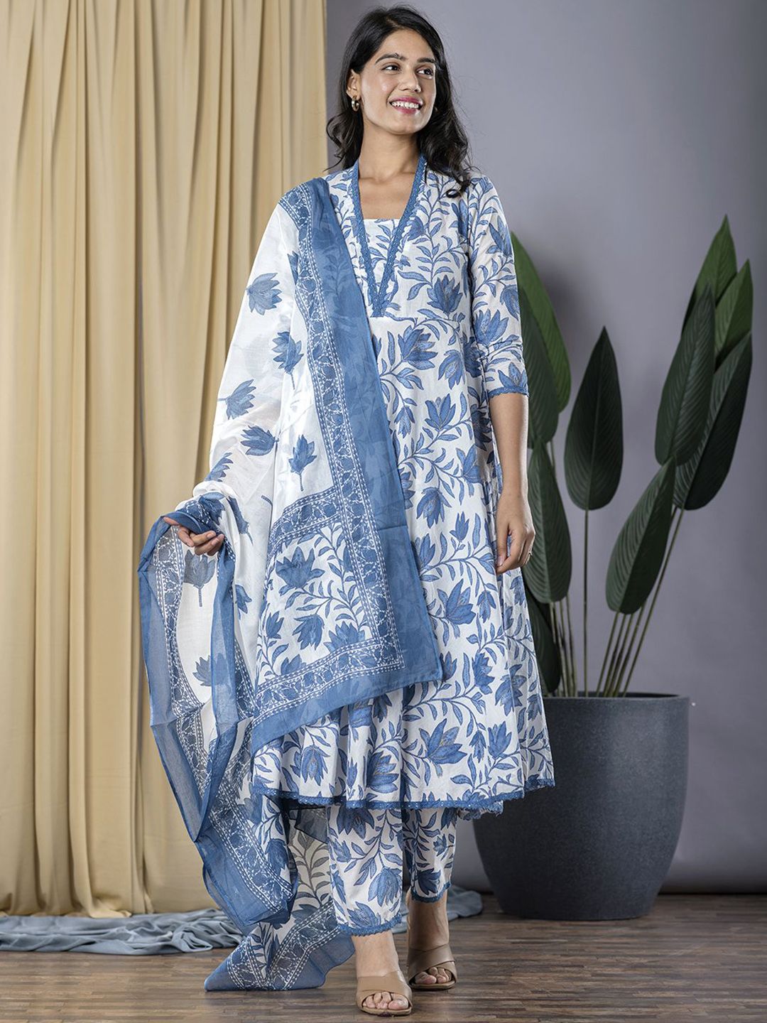 Dhiyona KL Floral Printed V-Neck Pure Cotton Anarkali Kurta With Trousers & Dupatta