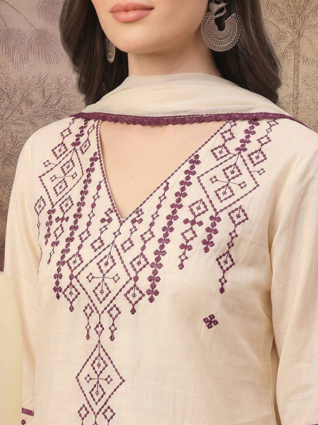 Women Ethnic Motifs Embroidered Regular Pure Cotton Kurta with Trousers & With Dupatta