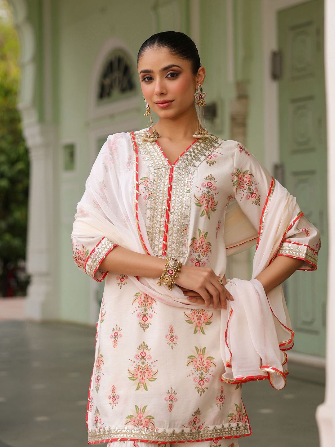 Dhiyona SC Floral Printed Gotta Patti Chanderi Silk Kurta With Sharara & Dupatta