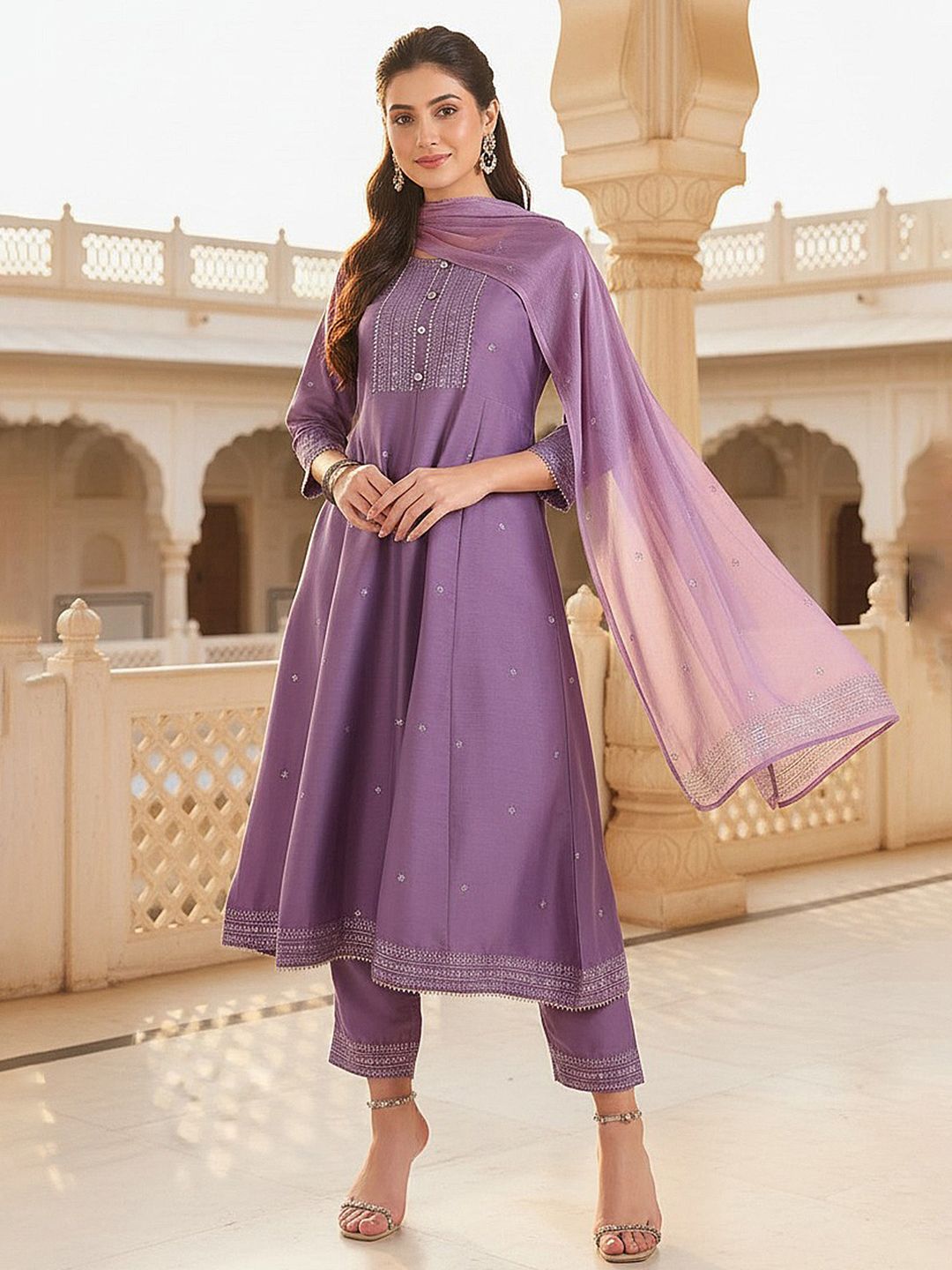 Dhiyona KL Floral Printed Gotta Patti Anarkali Kurta with Trousers & With Dupatta