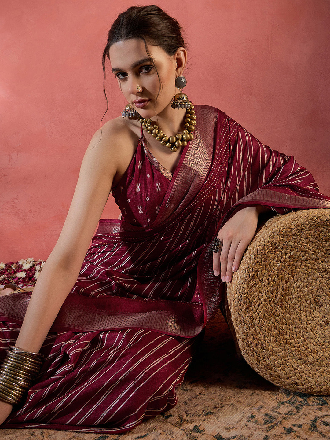 Women's Silk Blend Maroon Printed Designer Saree With Blouse Piece