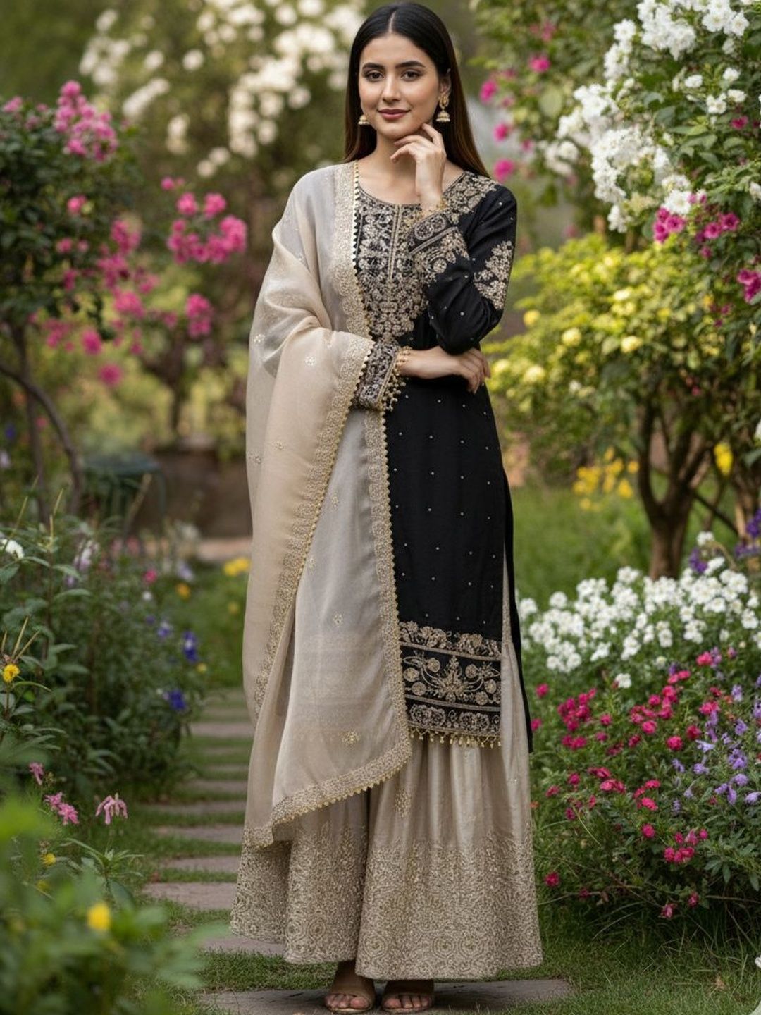 Dhiyona KL Women Ethnic Motifs Embroidered Regular Kurta with Sharara & With Dupatta
