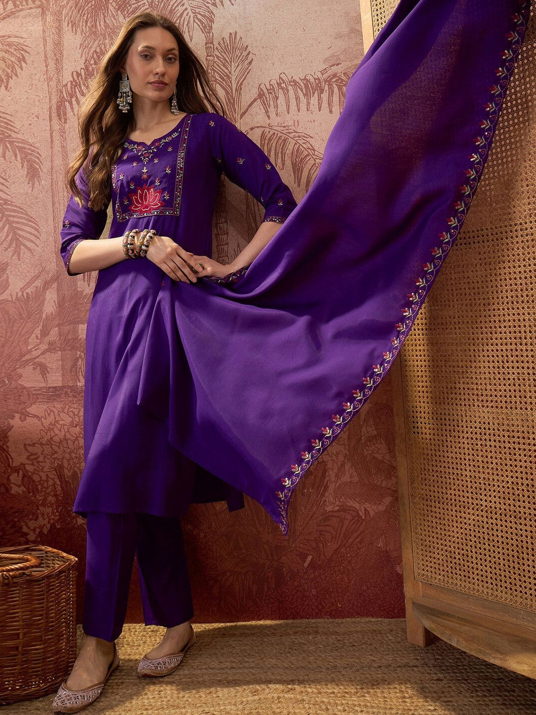 Embroidered Silk Blend Notched Neck Kurta & Trousers With Dupatta