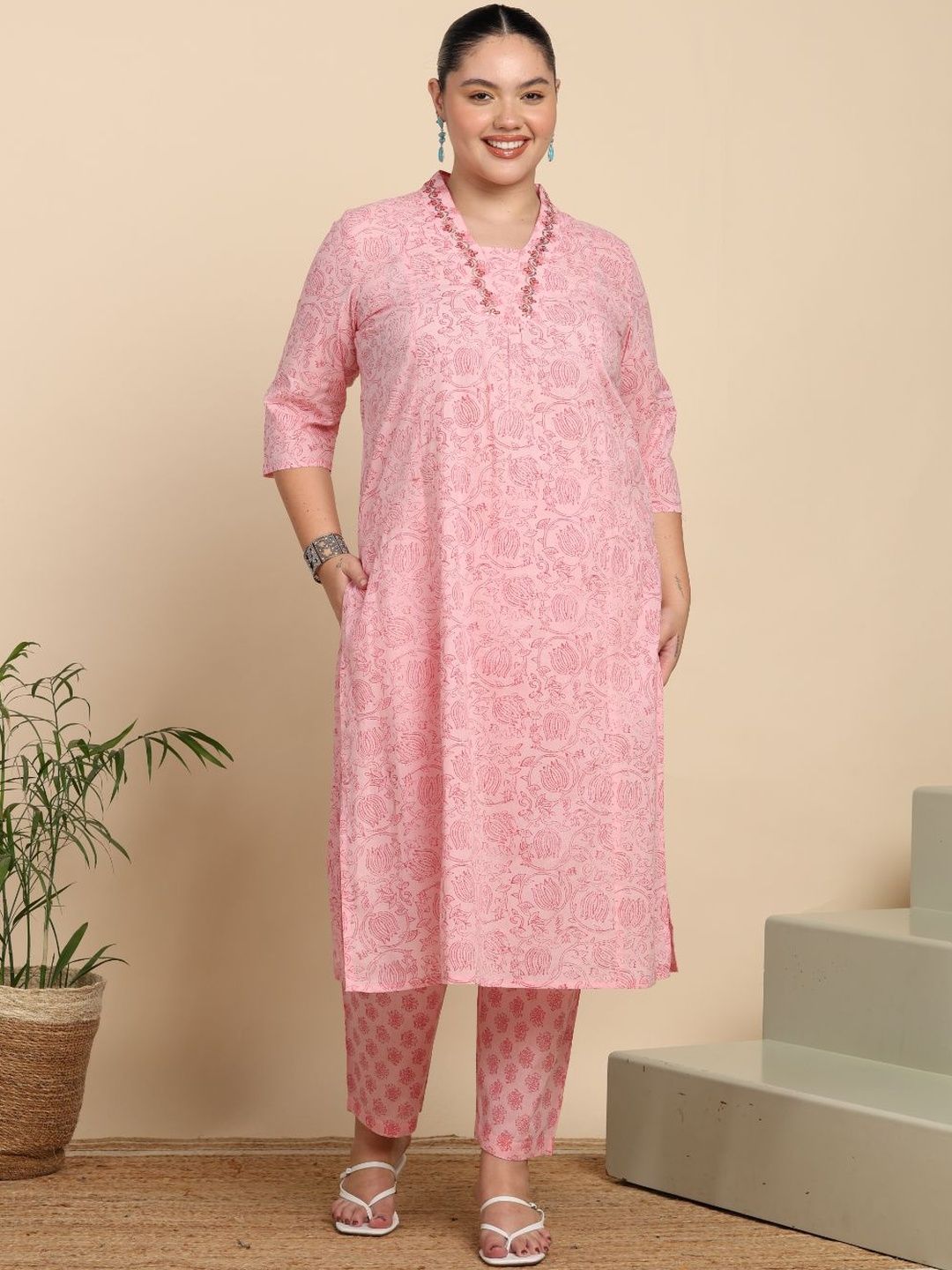 Dhiyona KL Women Ethnic Motifs Printed Regular Thread Work Pure Cotton Kurta with Trousers & With Dupatta