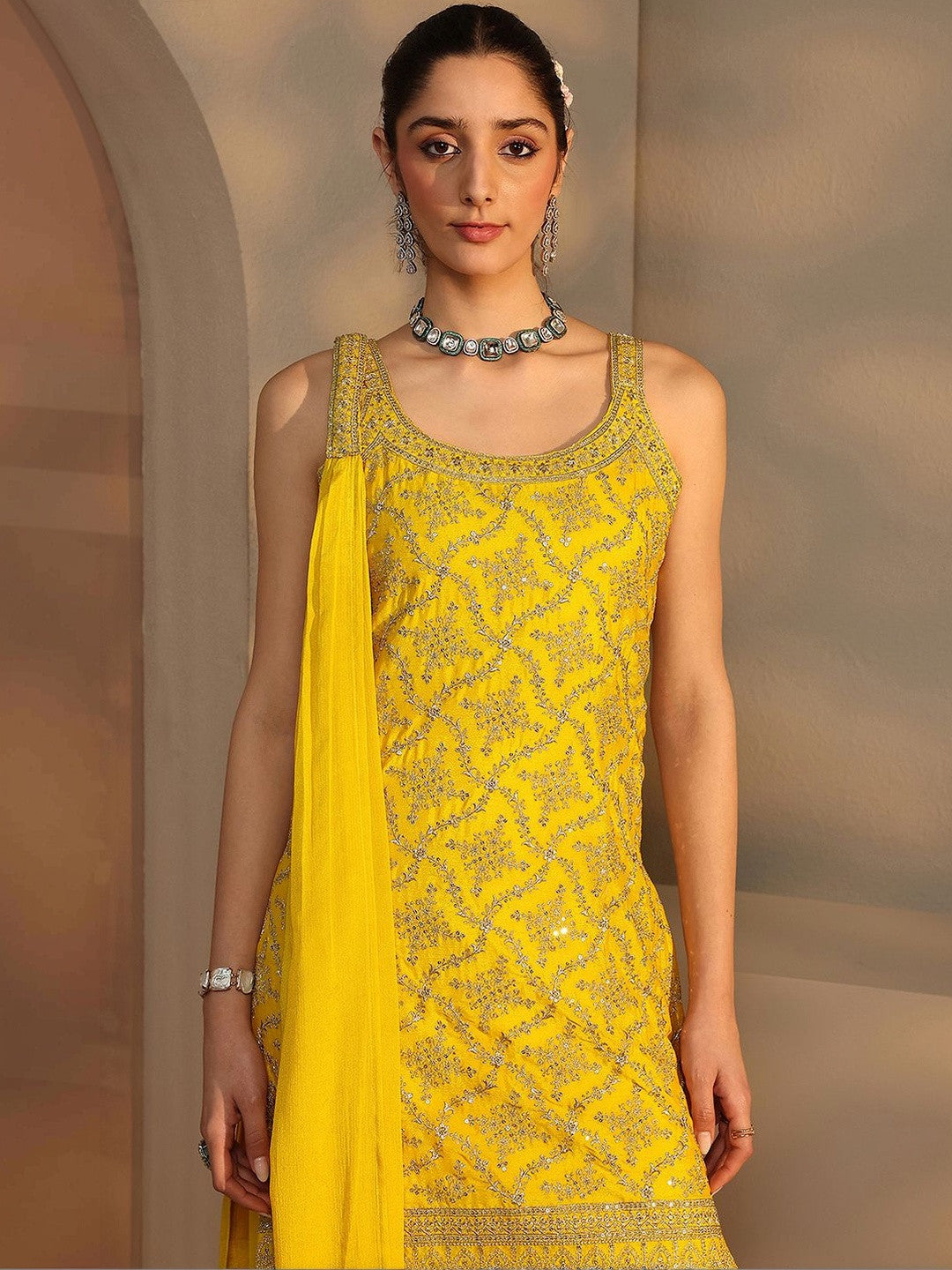 Women Ethnic Motifs Embroidered Regular Sequinned Kurta with Palazzos & With Dupatta