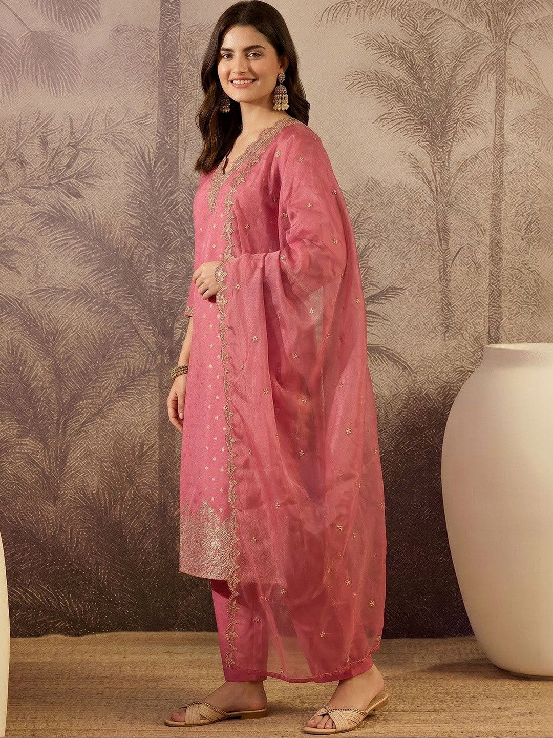 Printed V-Neck Kurta & Trousers With Dupatta