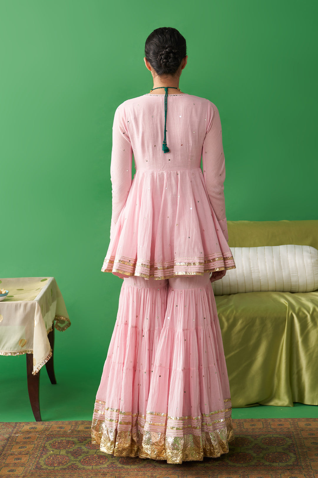Dhiyona RS Jhoom Soft pink v neck kurta with garara and ivory foil printed chand dupatta