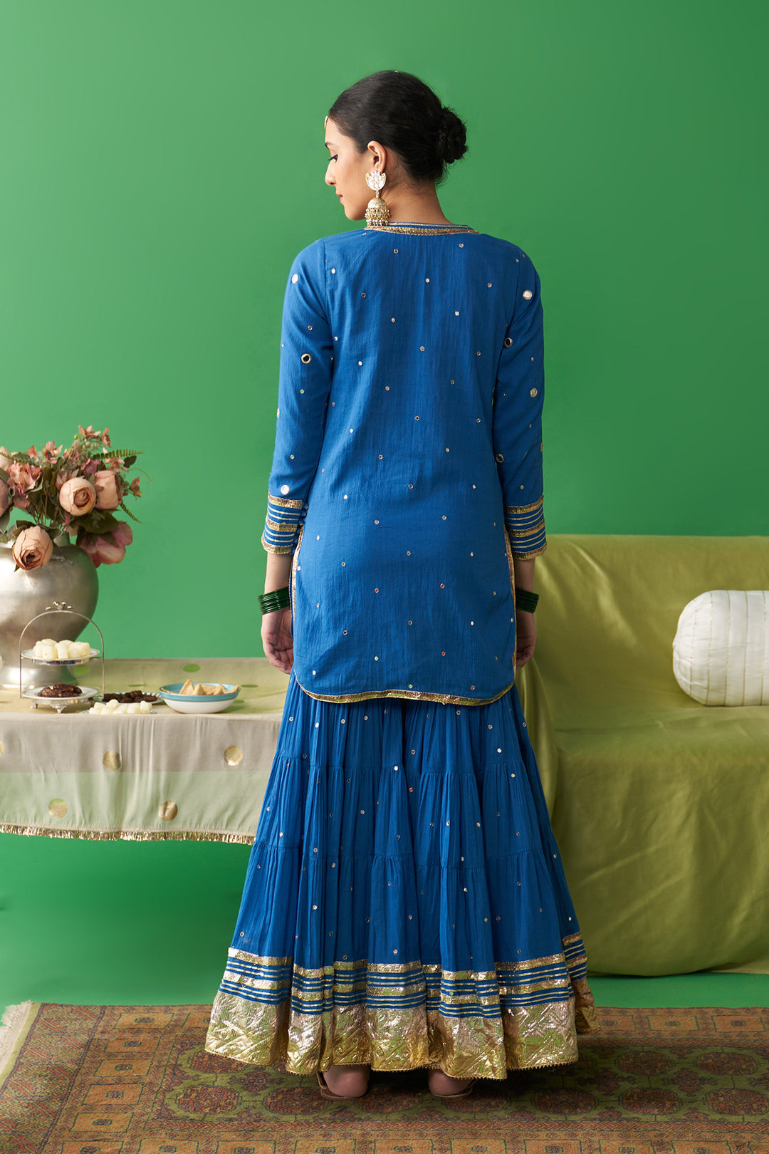 Dhiyona RS Jhoom Cobalt blue short kurta with garara and soft pink foil printed chand dupatta