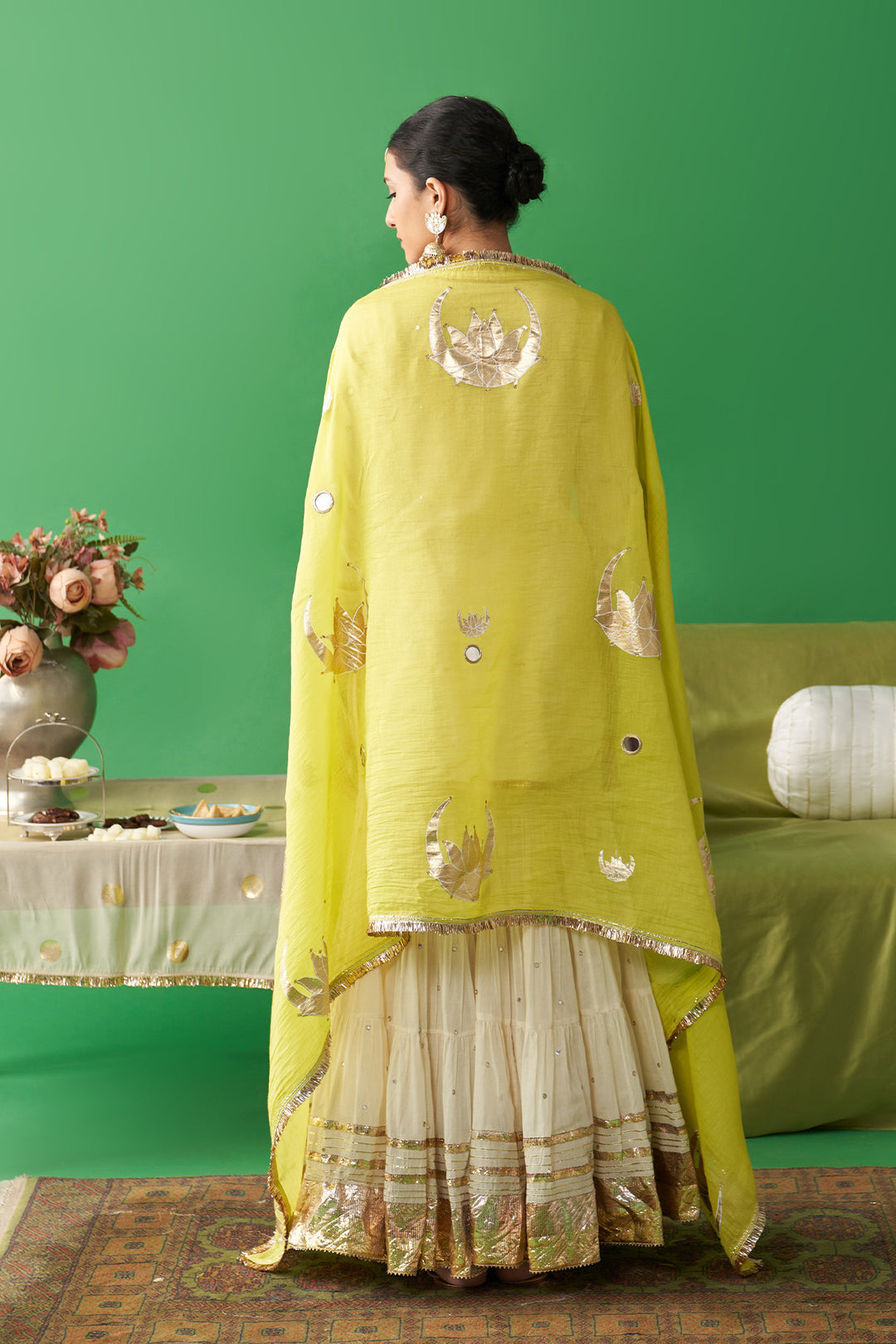 Dhiyona RS Jhoom Ivory short kurta with garara and neon green foil printed chand dupatta