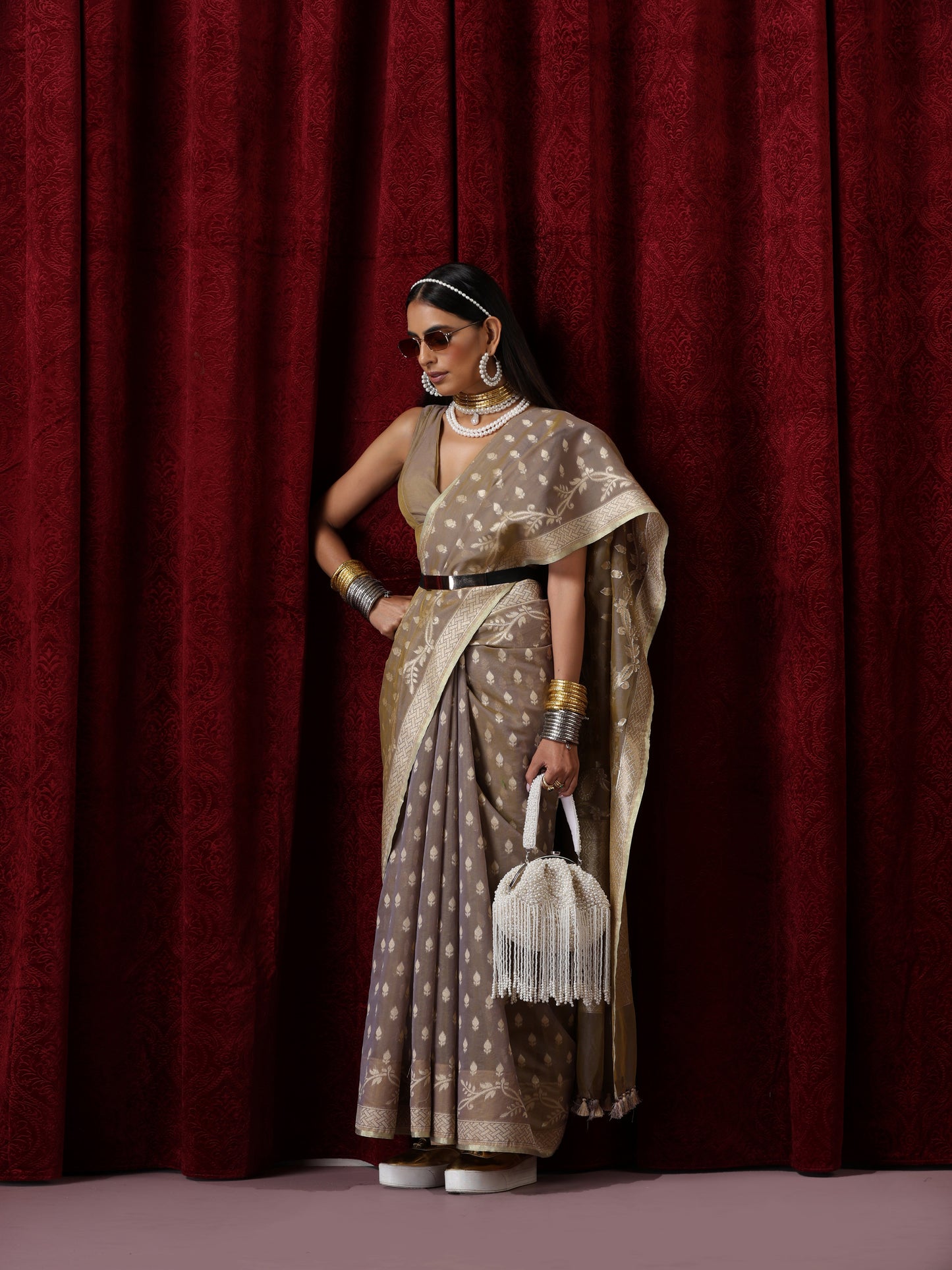Dhiyona ST Scindia Grey Cotton Silk Dual Shade Saree with Blouse Fabric