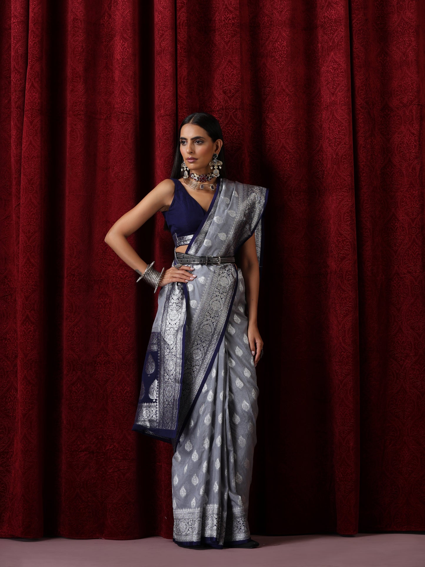 Dhiyona ST Blue and Silver Georgette Silk Saree with Blouse Fabric