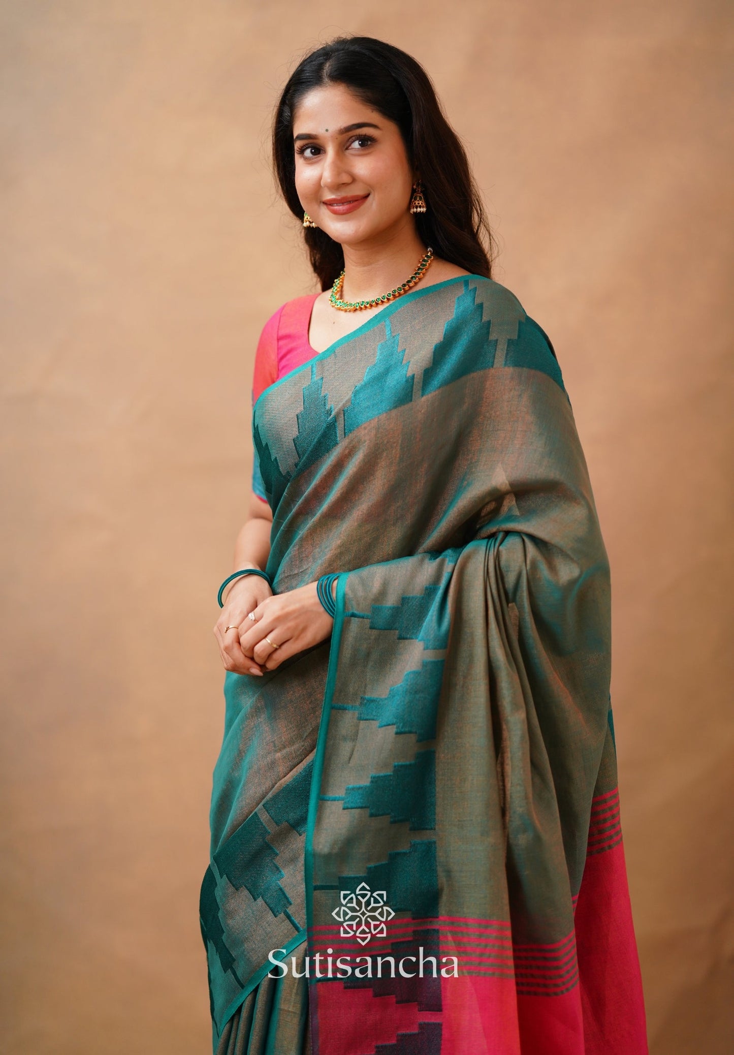 Dhiyona SS Tissue Cotton Handloom Saree with Artisanal Stepped Border