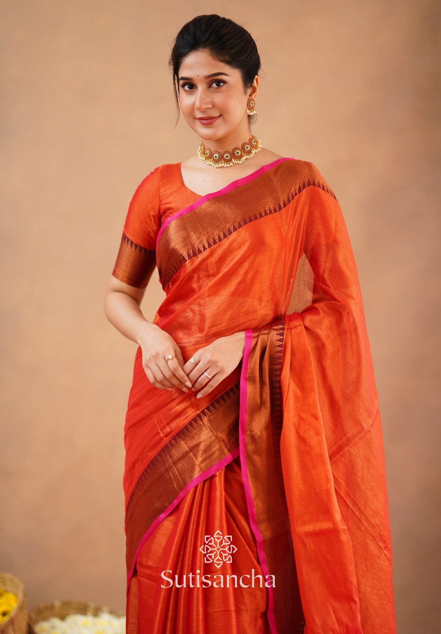 Dhiyona SS Sutisancha Orange Handloom Cotton Tissue Saree