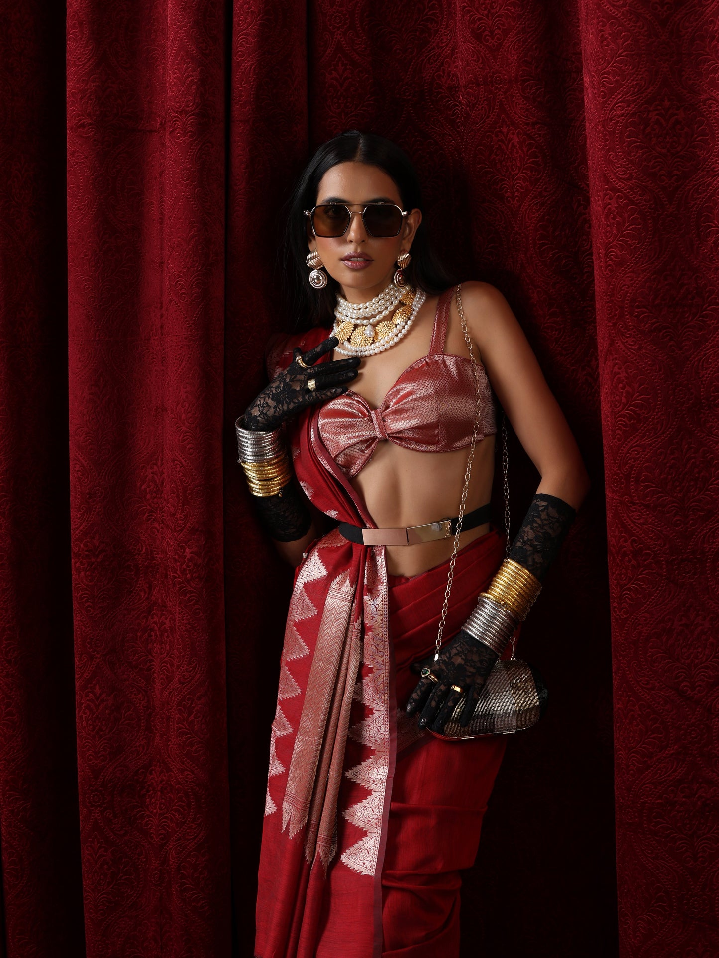 Dhiyona ST Banaras Red Temple Mul Mul Cotton Silk Saree with Blouse Fabric
