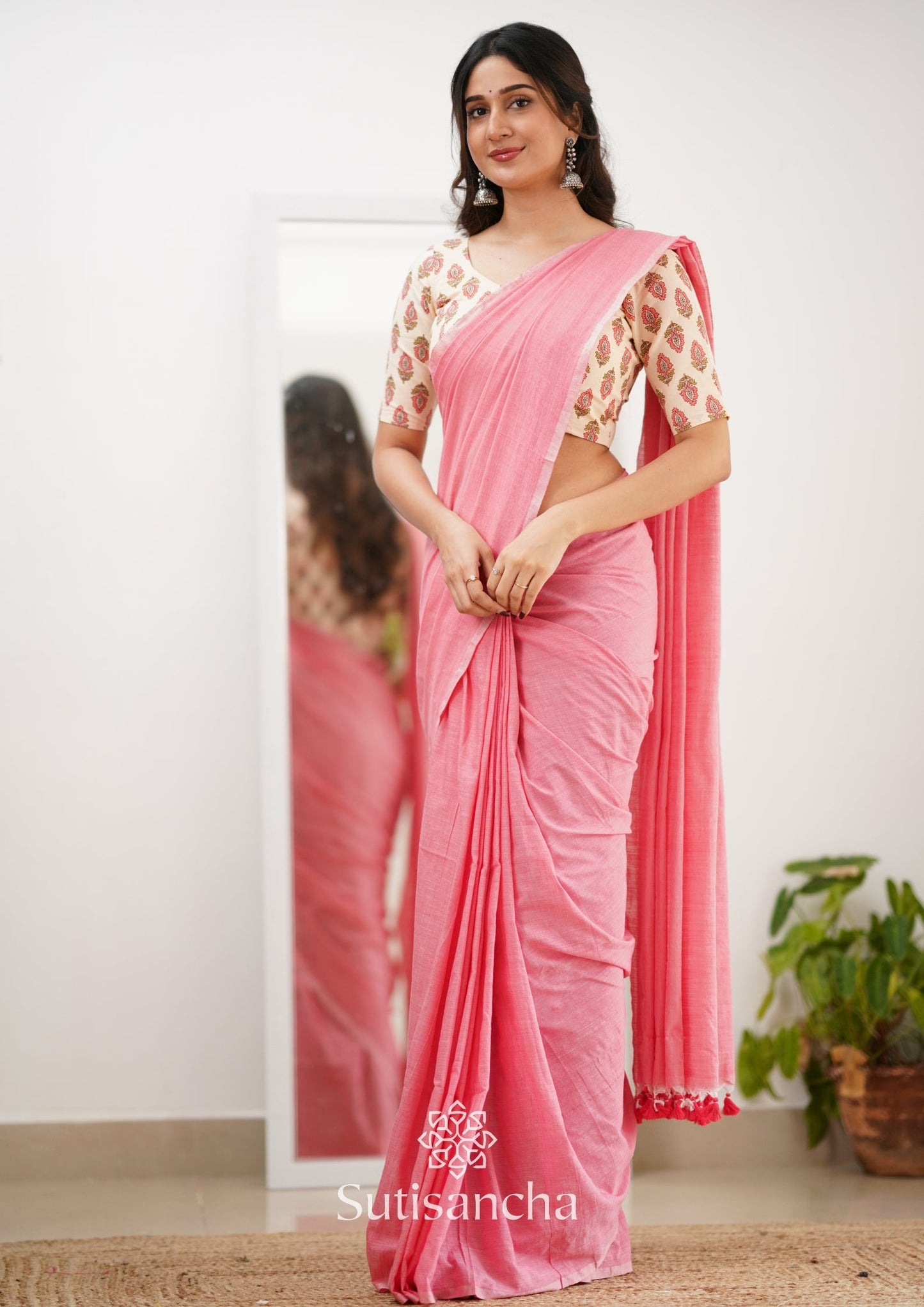 Dhiyona SS Sutisancha Peach Handloom Cotton Saree With Designer Blouse