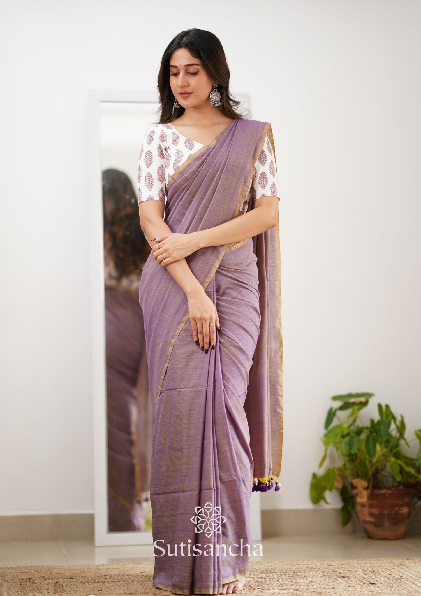 Dhiyona SS Sutisancha Onion Handloom Cotton Saree With Designer Blouse